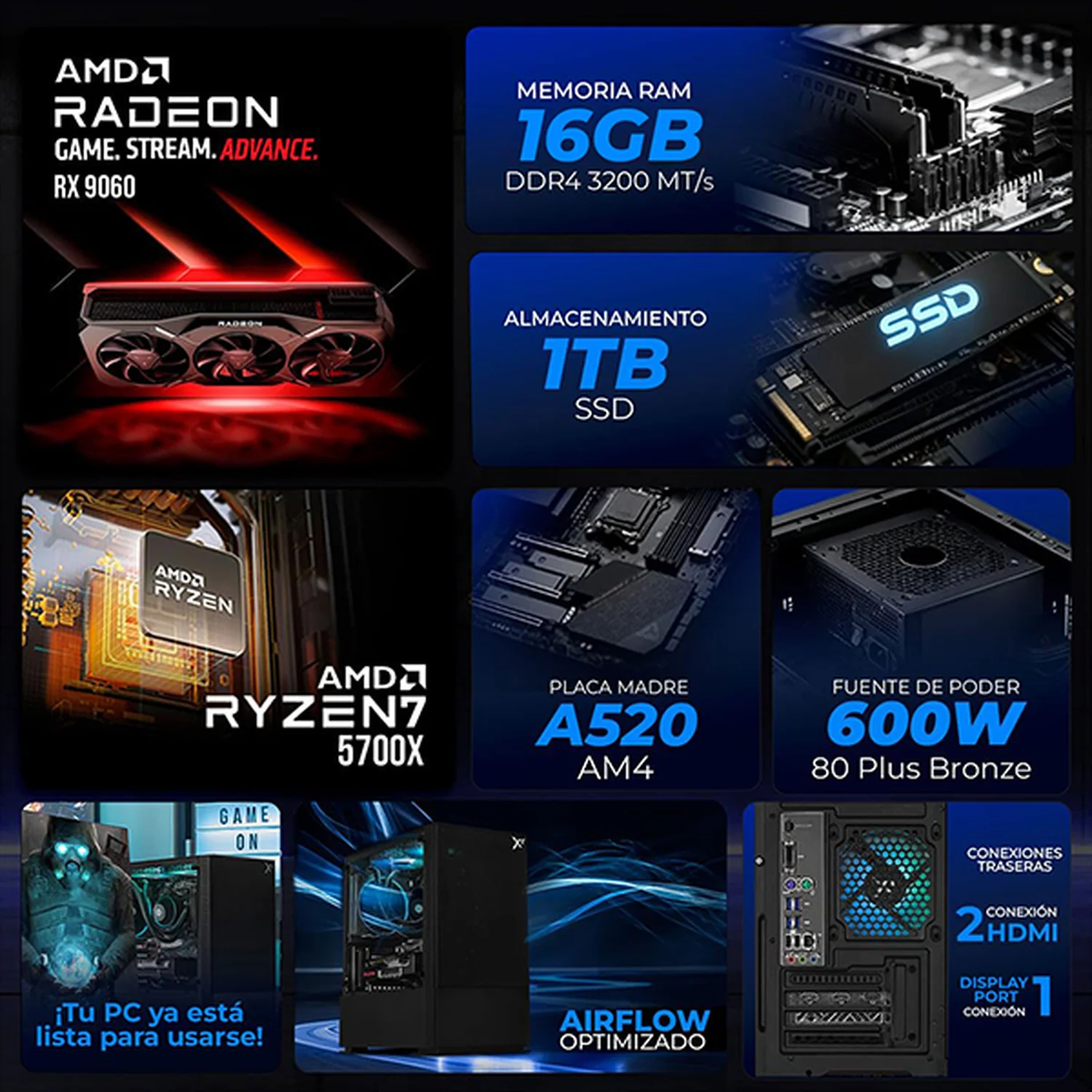 PC Gamer Xtreme PC Gaming AMD Radeon RX 9060 Ryzen 7 5700X 16GB SSD 1TB Sistema Liquido WIFI BT Black gaming 1080p, estudios y multitarea - Image 3