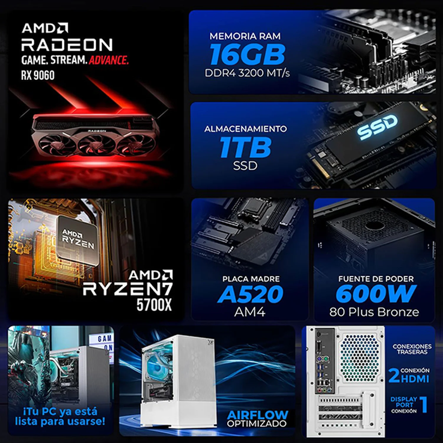 PC Gamer Xtreme PC Gaming AMD Radeon RX 9060 Ryzen 7 5700X 16GB SSD 1TB Sistema Liquido WIFI BT White gaming 1080p, estudios y multitarea - Image 3