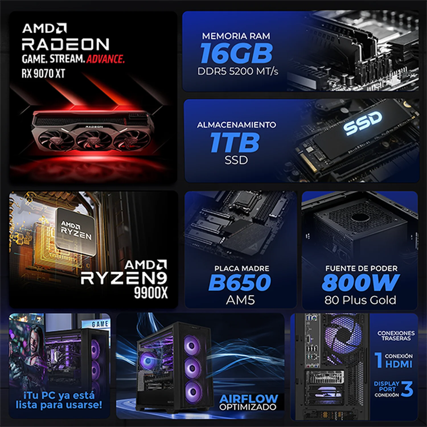 PC Gamer Xtreme PC Gaming ASUS AMD Radeon RX 9070 XT Ryzen 9 9900X 16GB DDR5 SSD 1TB Sistema Liquido WIFI Black PBA gaming competitivo y streaming - Image 3