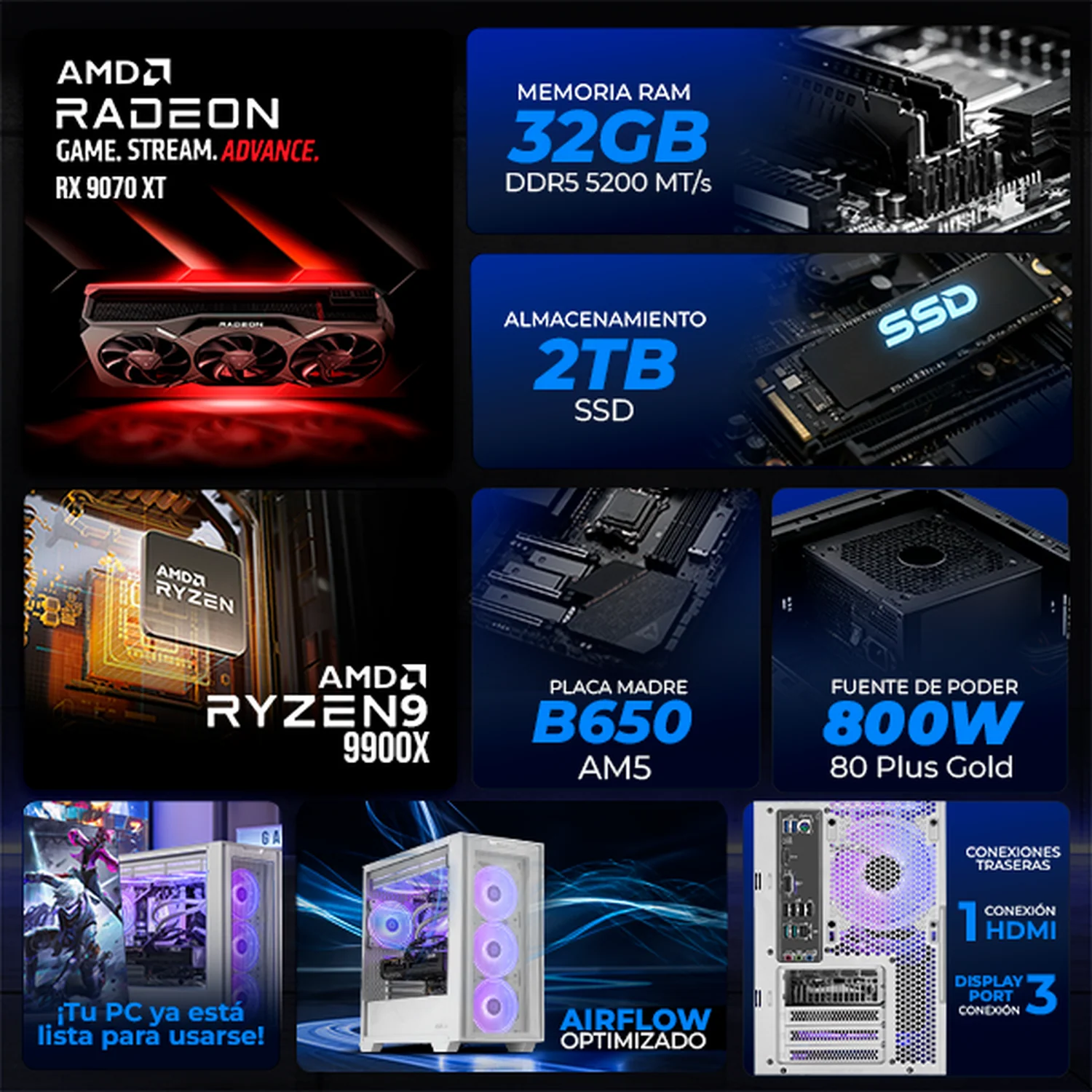PC Gamer Xtreme PC Gaming ASUS AMD Radeon RX 9070 XT Ryzen 9 9900X 32GB DDR5 SSD 2TB Sistema Liquido WIFI W11 White PBA gaming competitivo y streaming - Image 3