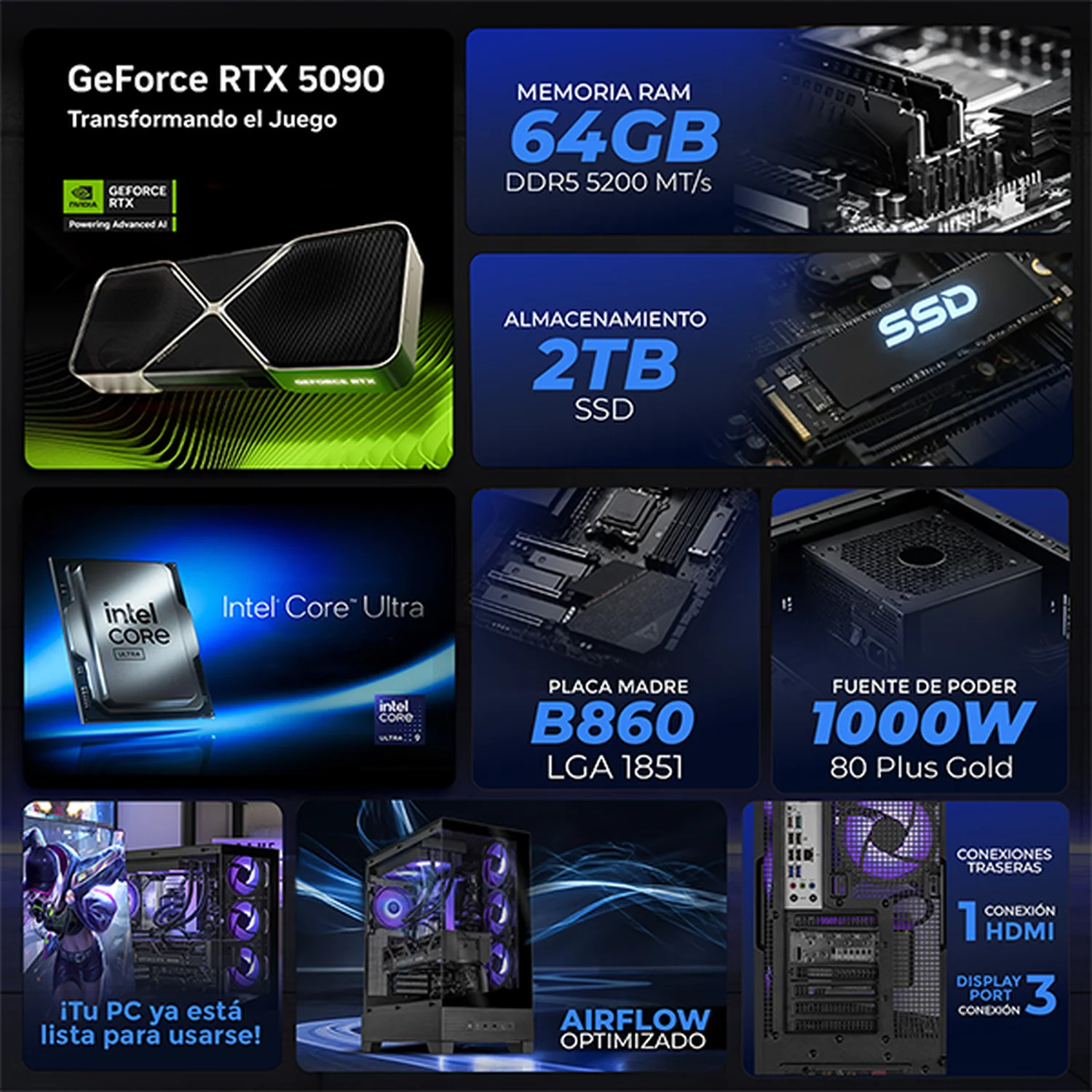 PC Gamer IA Xtreme PC Gaming ASUS NVIDIA GeForce RTX 5090 Intel Core Ultra 9 285K 64GB DDR5 SSD 2TB Sistema Liquido WIFI Black Productividad Profesional impulsada por IA Avanzada - Image 3