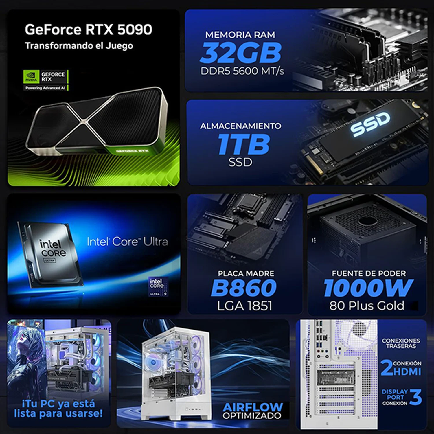 PC Gamer AI PRO Xtreme PC Gaming ASUS NVIDIA GeForce RTX 5090 Intel Core Ultra 9 285K 32GB DDR5 SSD 1TB Sistema Liquido WIFI White Productividad Profesional impulsada por IA Avanzada - Image 3