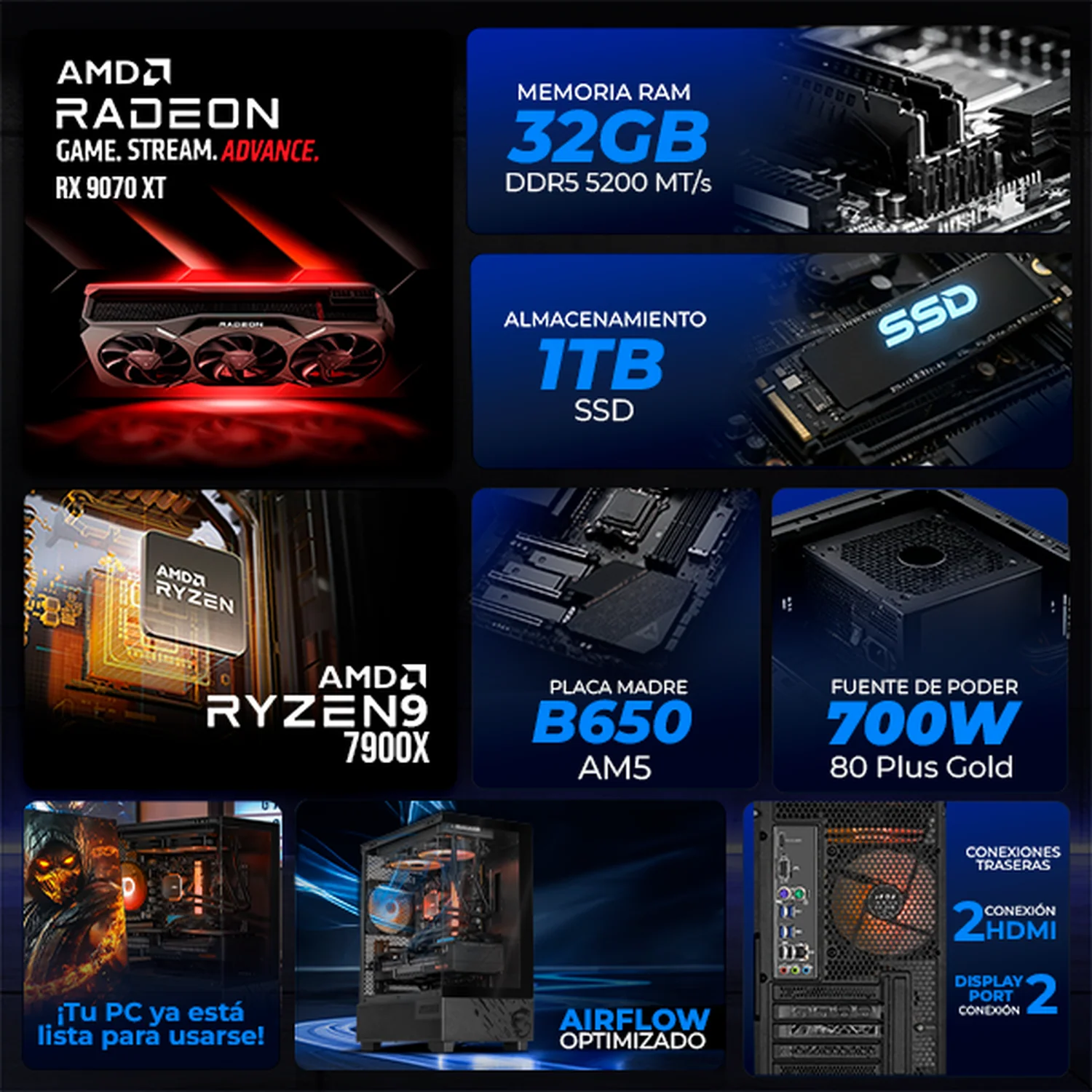 PC Gamer Xtreme PC Gaming MSI AMD Radeon RX 9070 XT Ryzen 9 7900X 32GB DDR5 SSD 1TB Sistema Liquido WIFI W11 Black gaming competitivo y streaming - Image 3