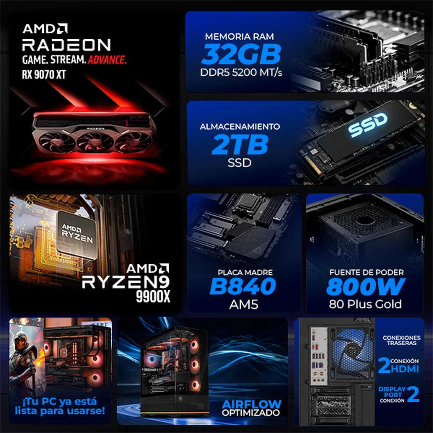 PC Gamer Xtreme PC Gaming MSI AMD Radeon RX 9070 XT Ryzen 9 9900X 32GB DDR5 SSD 2TB Sistema Liquido WIFI Black gaming competitivo y streaming - Image 3