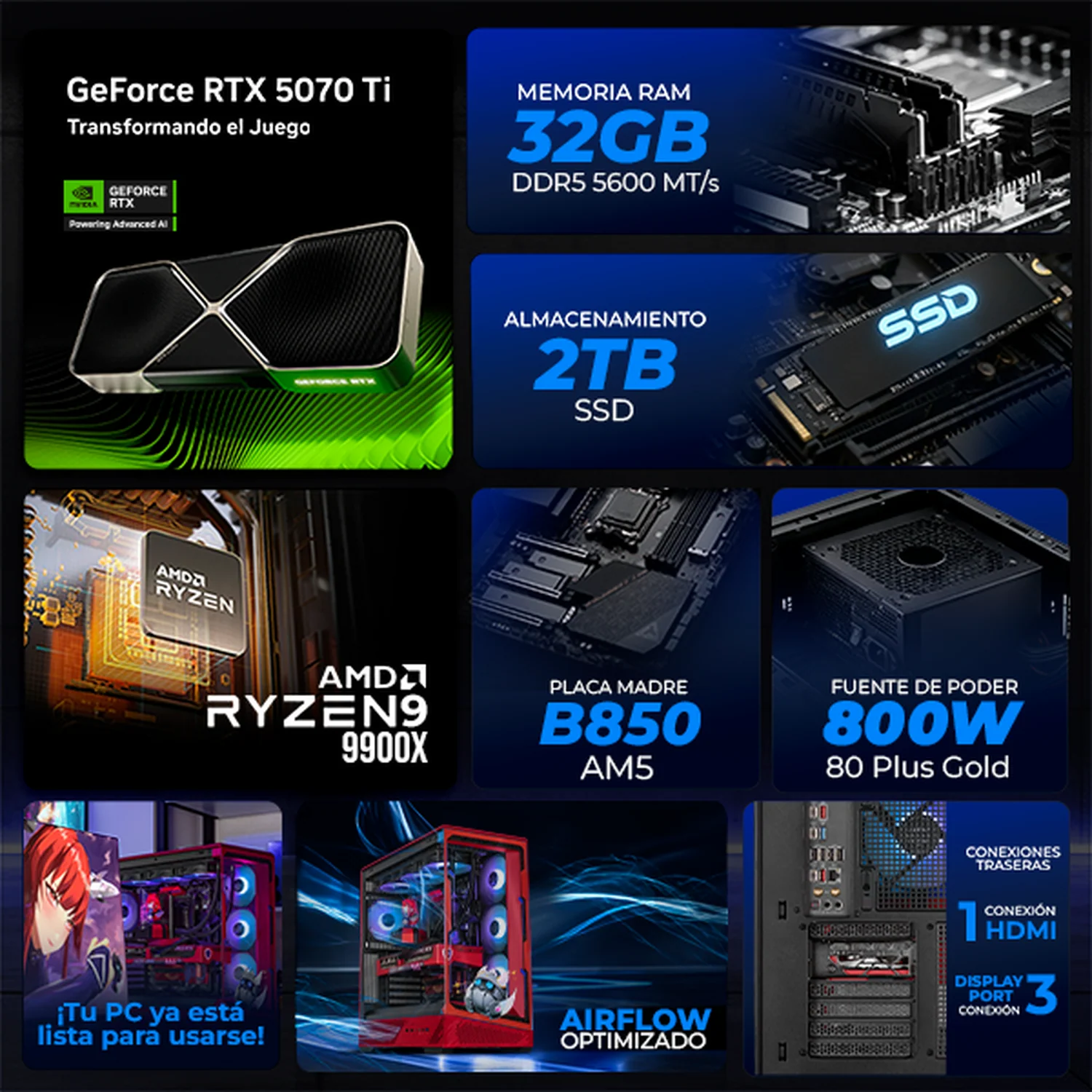 PC Gamer IA Xtreme PC Gaming MSI NVIDIA GeForce RTX 5070 Ti AMD Ryzen 9 9900X 32GB DDR5 SSD 2TB Sistema Liquido MLG Edition Alto Desempeño Creativo con IA Integrada - Image 3