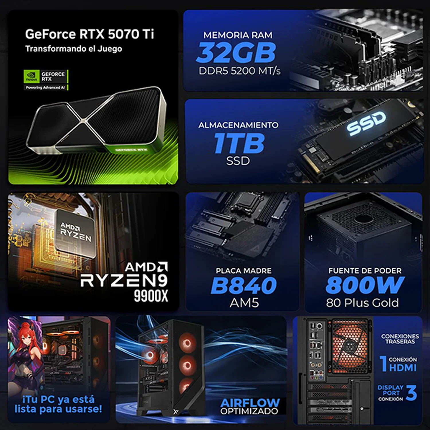 PC Gamer Xtreme PC Gaming MSI NVIDIA GeForce RTX 5070 Ti AMD Ryzen 9 9900X 32GB DDR5 SSD 1TB Sistema Liquido Loong:Nia Edition para gaming competitivo y streaming - Image 3