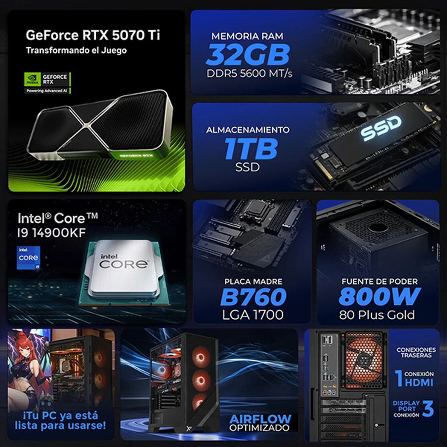 PC Gamer IA Xtreme PC Gaming MSI NVIDIA GeForce RTX 5070 Ti Intel Core i9 14900KF 32GB DDR5 SSD 1TB Sistema Liquido Loong:Nia Edition Alto Desempeño Creativo con IA Integrada - Image 3