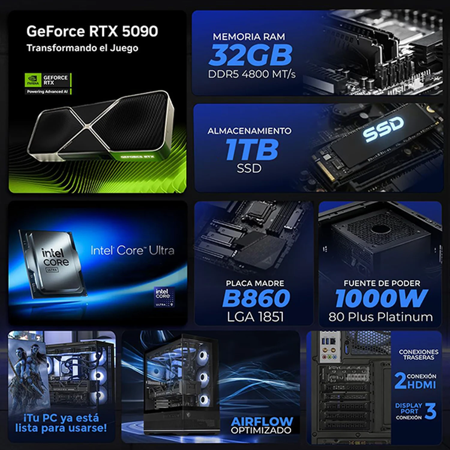 PC Gamer IA Pro Xtreme PC Gaming MSI NVIDIA GeForce RTX 5090 Intel Core Ultra 9 285K 32GB DDR5 SSD 1TB Sistema Liquido WIFI Black Productividad Profesional impulsada por IA Avanzada - Image 3