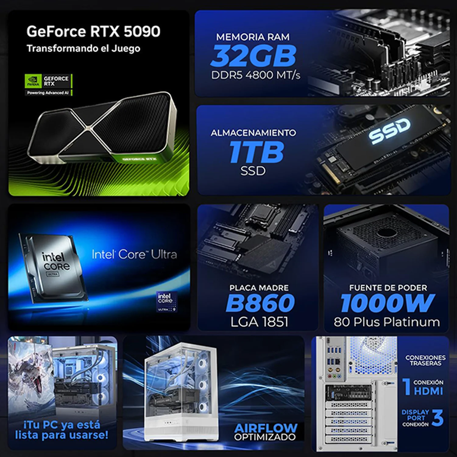 PC Gamer AI PRO Xtreme PC Gaming MSI NVIDIA GeForce RTX 5090 Intel Core Ultra 9 285K 32GB DDR5 SSD 1TB Sistema Liquido WIFI White Productividad Profesional impulsada por IA Avanzada - Image 3