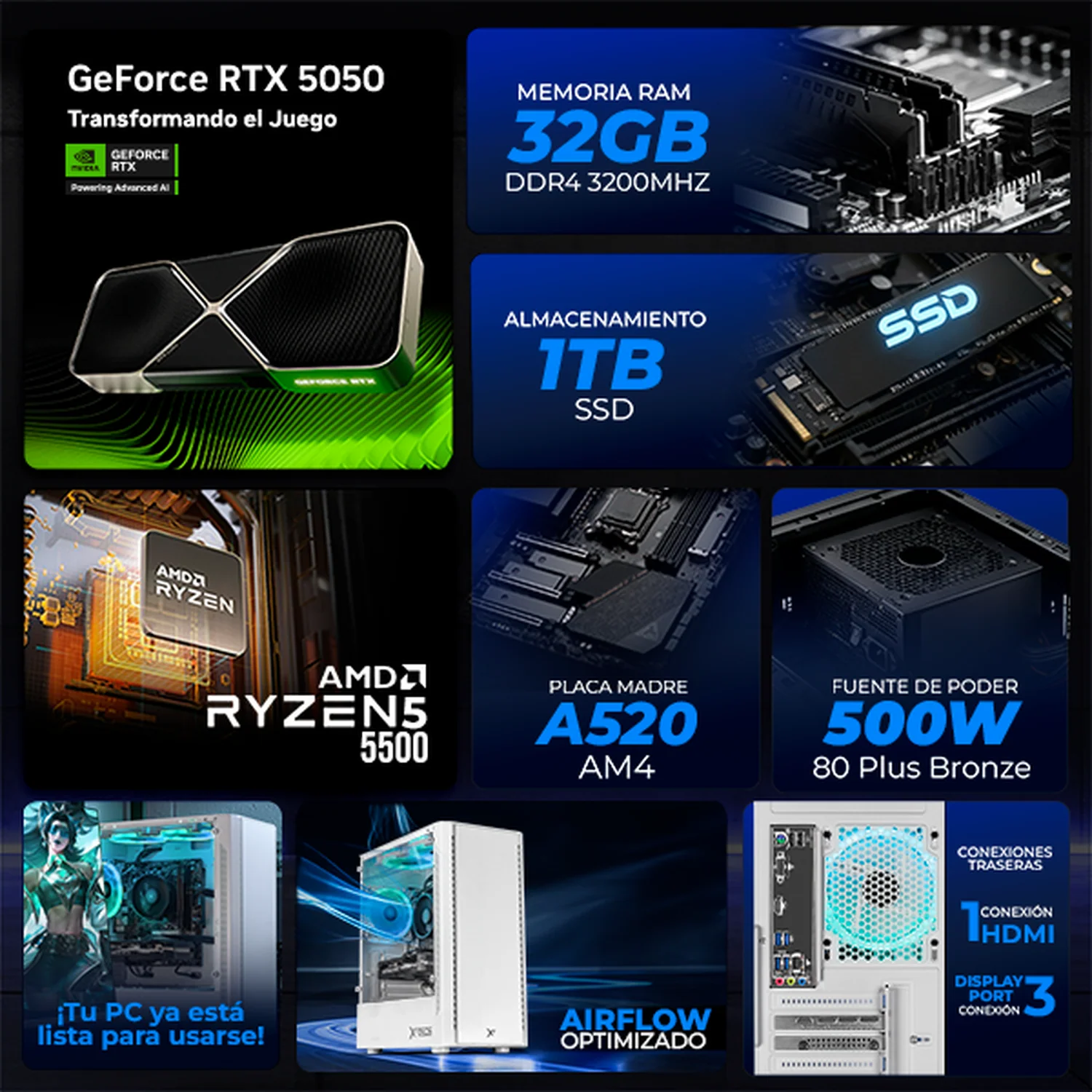PC Gamer Xtreme PC Gaming NVIDIA GeForce RTX 5050 AMD Ryzen 5 5500 32GB SSD 1TB WIFI W10 White gaming 1080p, estudios y multitarea - Image 3