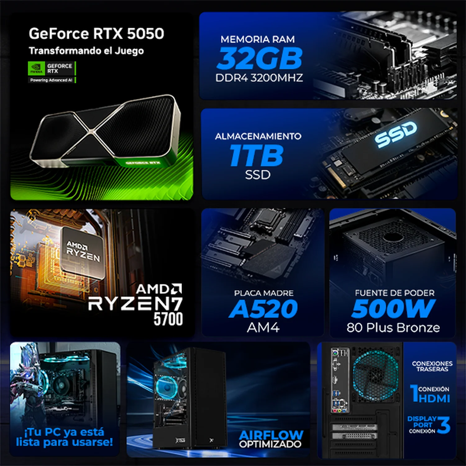 PC Gamer Xtreme PC Gaming NVIDIA GeForce RTX 5050 AMD Ryzen 7 5700 32GB SSD 1TB WIFI W10 Black gaming competitivo y streaming - Image 3
