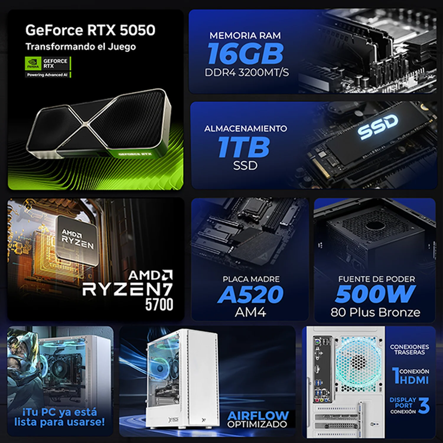 PC Gamer IA Xtreme PC Gaming NVIDIA GeForce RTX 5050 AMD Ryzen 7 5700 16GB SSD 1TB WIFI White Rendimiento Inteligente con IA - Image 3