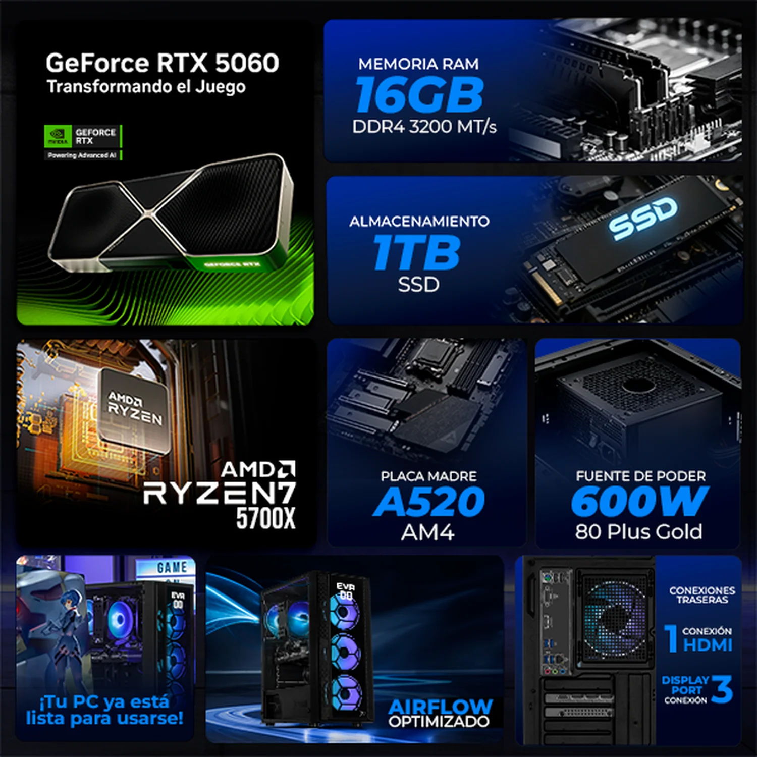 PC Gamer Xtreme PC Gaming NVIDIA GeForce RTX 5060 AMD Ryzen 7 5700X 16GB SSD 1TB WIFI Evangelion 00 Black gaming 1080p, estudios y multitarea - Image 3