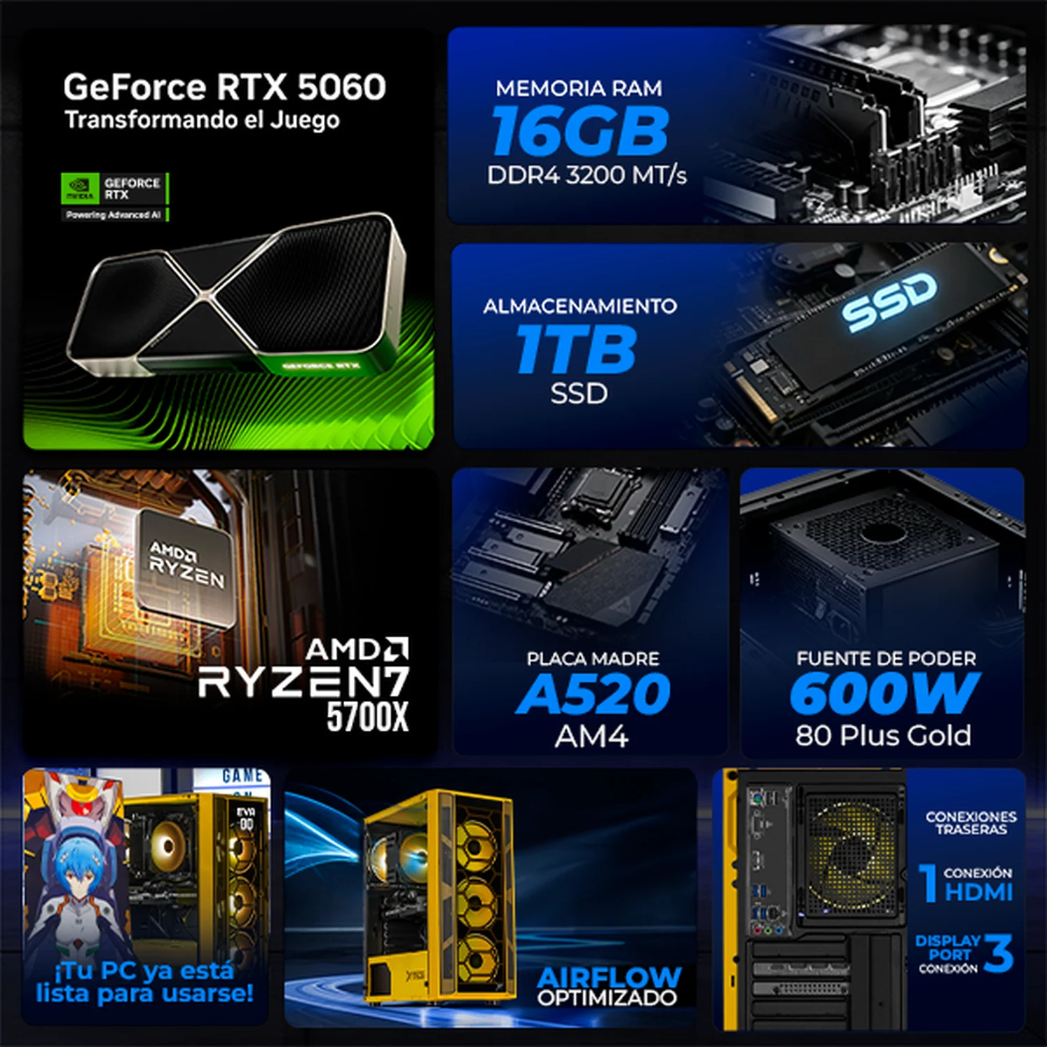 PC Gamer Xtreme PC Gaming NVIDIA GeForce RTX 5060 AMD Ryzen 7 5700X 16GB SSD 1TB WIFI Evangelion 00 Yellow gaming 1080p, estudios y multitarea - Image 3
