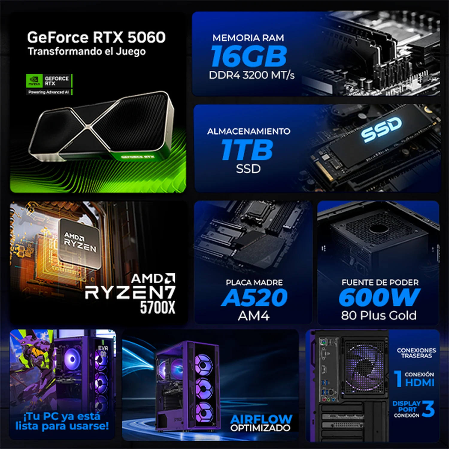 PC Gamer Xtreme PC Gaming NVIDIA GeForce RTX 5060 AMD Ryzen 7 5700X 16GB SSD 1TB WIFI Evangelion 01 gaming 1080p, estudios y multitarea - Image 3