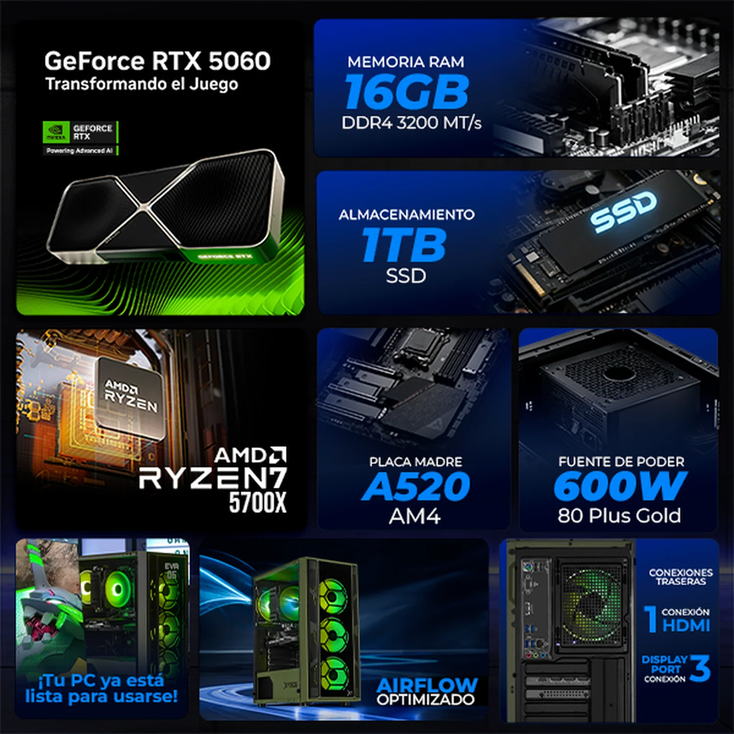 PC Gamer Xtreme PC Gaming NVIDIA GeForce RTX 5060 AMD Ryzen 7 5700X 16GB SSD 1TB WIFI Evangelion 05 gaming 1080p, estudios y multitarea - Image 3