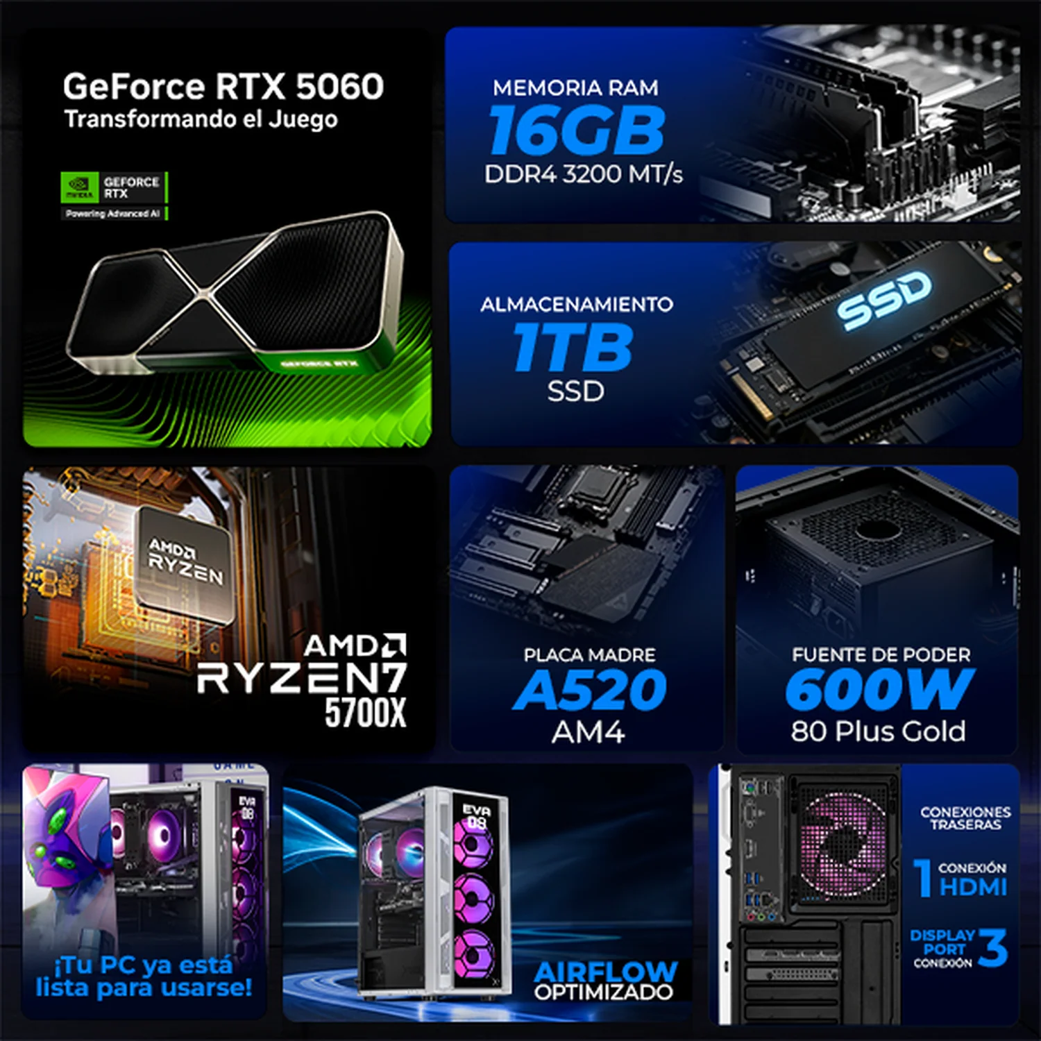 PC Gamer Xtreme PC Gaming NVIDIA GeForce RTX 5060 AMD Ryzen 7 5700X 16GB SSD 1TB WIFI Evangelion 08 gaming 1080p, estudios y multitarea - Image 3
