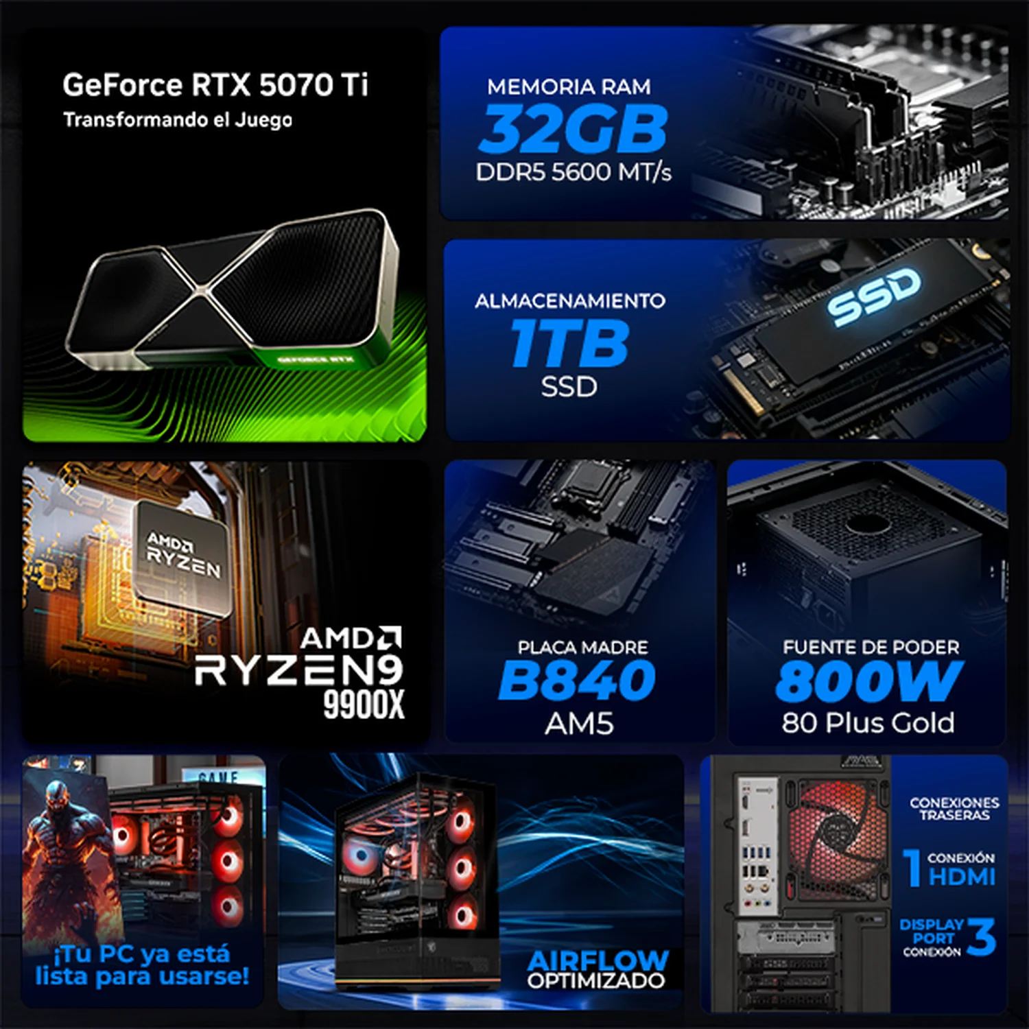 PC Gamer Xtreme PC Gaming NVIDIA GeForce RTX 5070 Ti AMD Ryzen 9 9900X 32GB DDR5 SSD 1TB Sistema Liquido WIFI Black gaming competitivo y streaming - Image 3