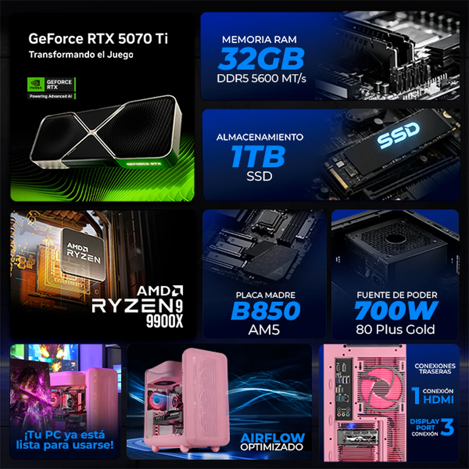 PC Gamer Xtreme PC Gaming NVIDIA GeForce RTX 5070 Ti AMD Ryzen 9 9900X 32GB DDR5 SSD 1TB Sistema Liquido WIFI Strawberry Milk gaming competitivo y streaming - Image 3