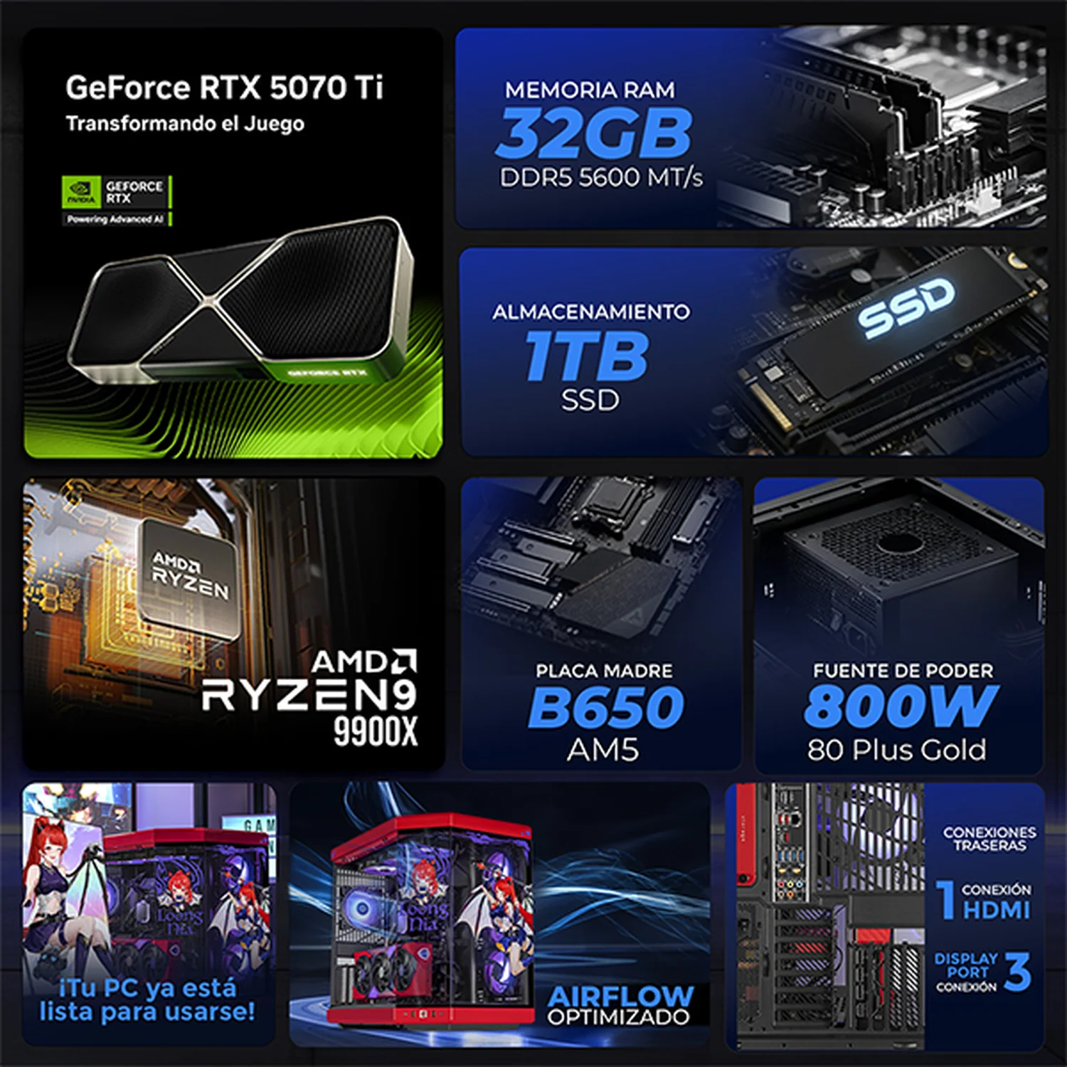PC Gamer con IA Xtreme PC Gaming NVIDIA GeForce RTX 5070 Ti AMD Ryzen 9 9900X 32GB DDR5 SSD 1TB Sistema Liquido Loong:Nia Edition para gaming competitivo y streaming - Image 3