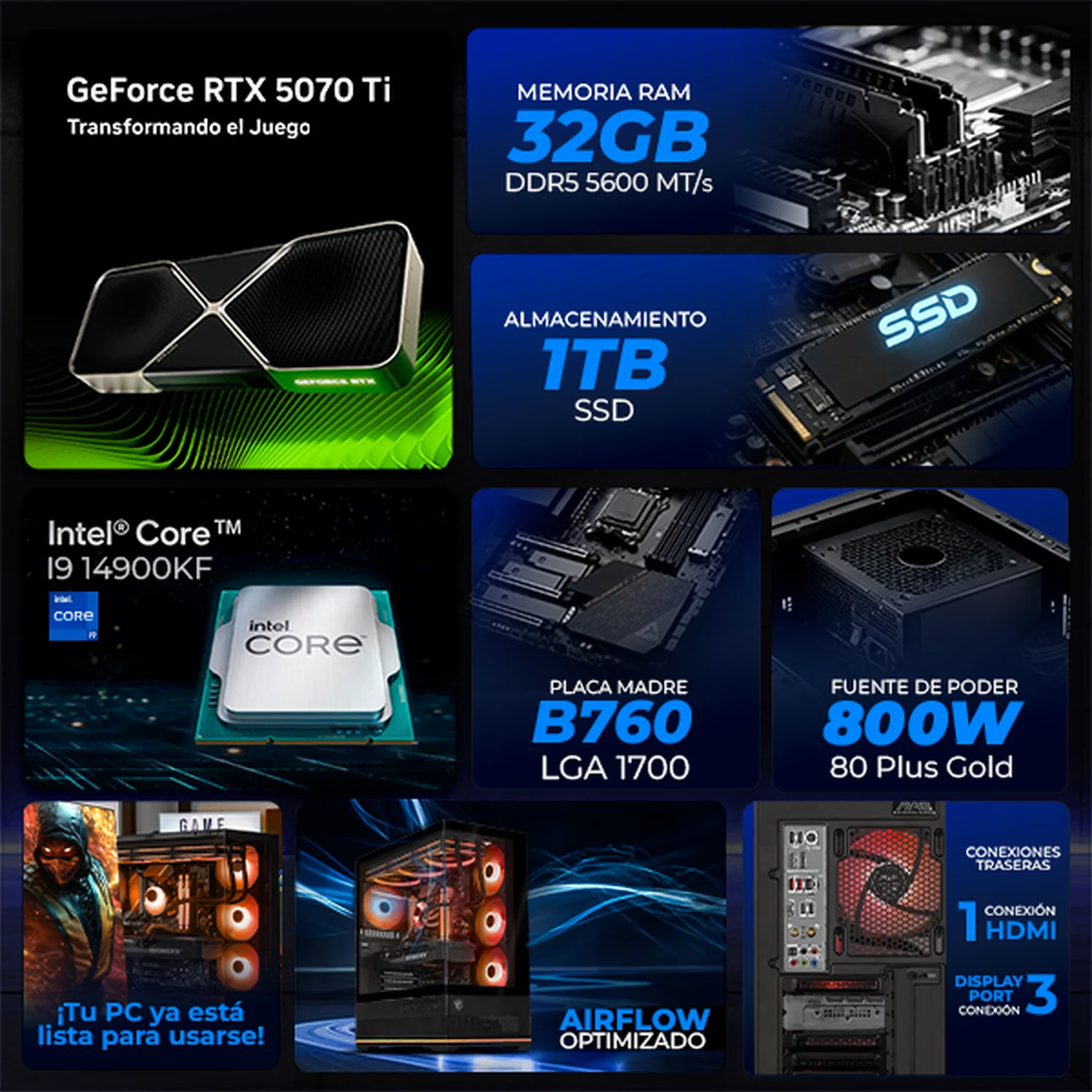 PC Gamer Xtreme PC Gaming NVIDIA GeForce RTX 5070 Ti Intel Core i9 14900KF 32GB DDR5 SSD 1TB Sistema Liquido WIFI Black gaming competitivo y streaming - Image 3