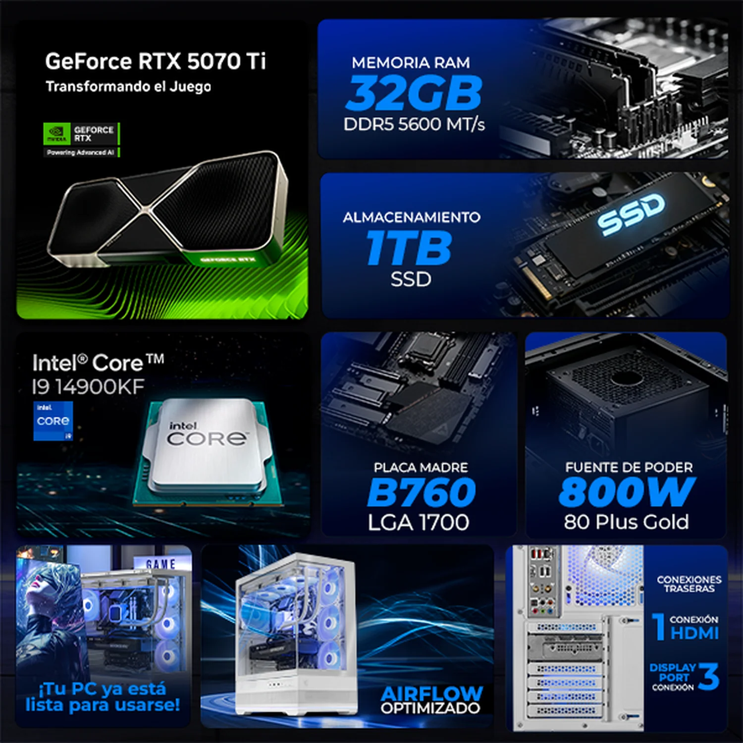 PC Gamer Xtreme PC Gaming NVIDIA GeForce RTX 5070 Ti Intel Core i9 14900KF 32GB DDR5 SSD 1TB Sistema Liquido WIFI White gaming competitivo y streaming - Image 3