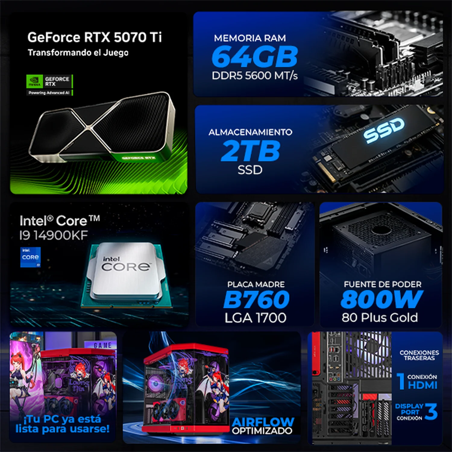 PC Gamer Xtreme PC Gaming NVIDIA GeForce RTX 5070 Ti Intel Core i9 14900KF 64GB DDR5 SSD 2TB Sistema Liquido WIFI Loong:Nia Edition gaming competitivo y streaming - Image 3