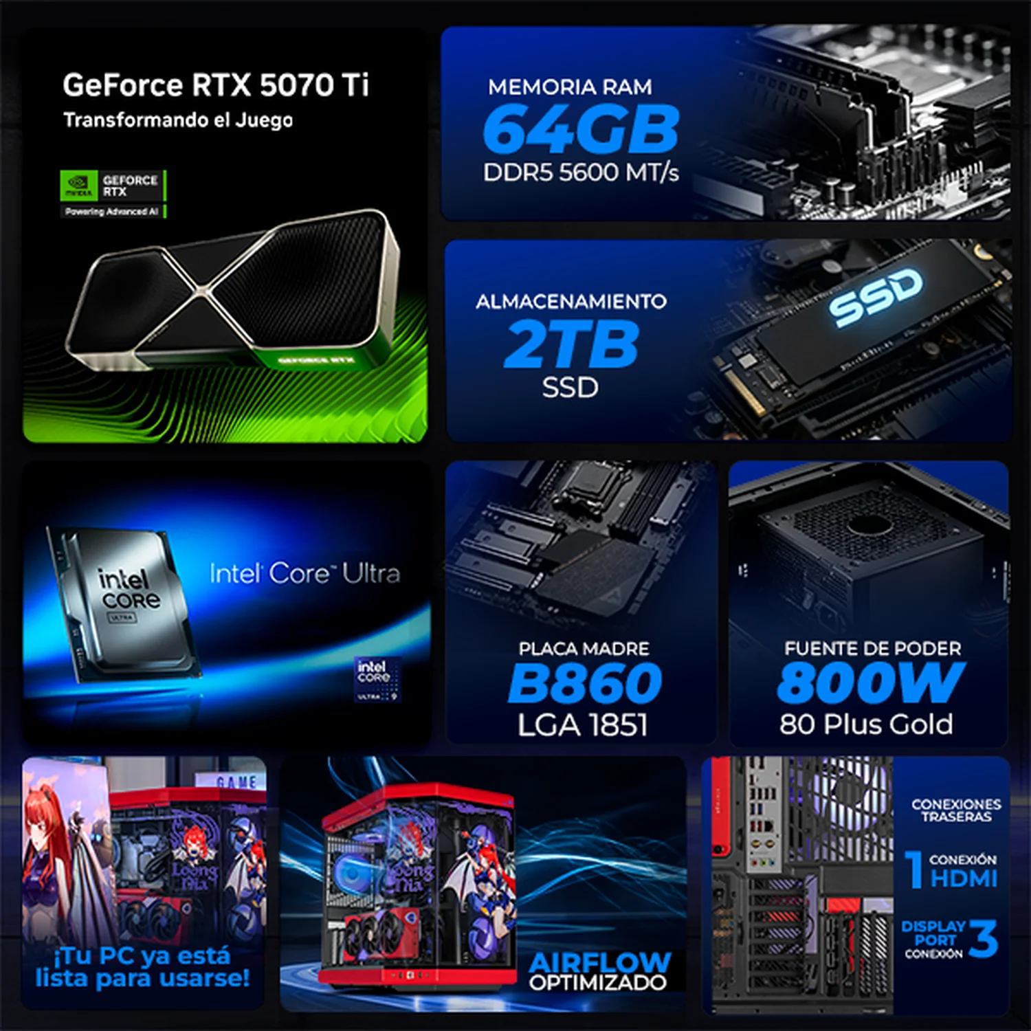 PC Gamer Xtreme PC Gaming NVIDIA GeForce RTX 5070 Ti Intel Core Ultra 9 285K 64GB DDR5 SSD 2TB Sistema Liquido WIFI Loong:Nia Edition gaming competitivo y streaming - Image 3