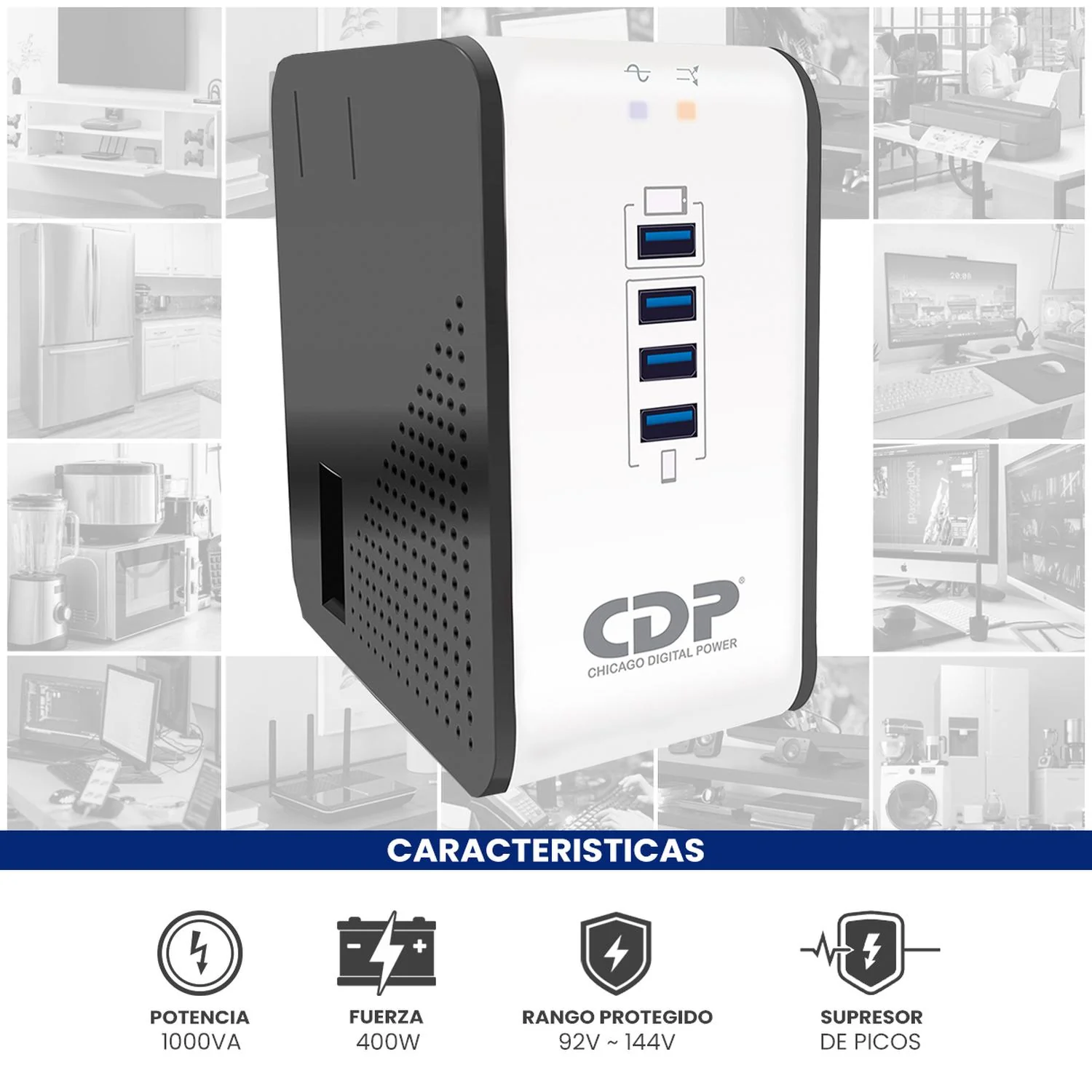 Regulador de Voltaje CDP R2CU-AVR1008 1000VA/400W AVR Supresor de Picos 8 Salidas + 4 USB - Image 2