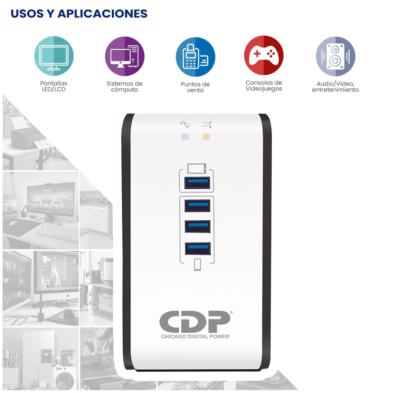 Regulador de Voltaje CDP R2CU-AVR1008 1000VA/400W AVR Supresor de Picos 8 Salidas + 4 USB - Image 3