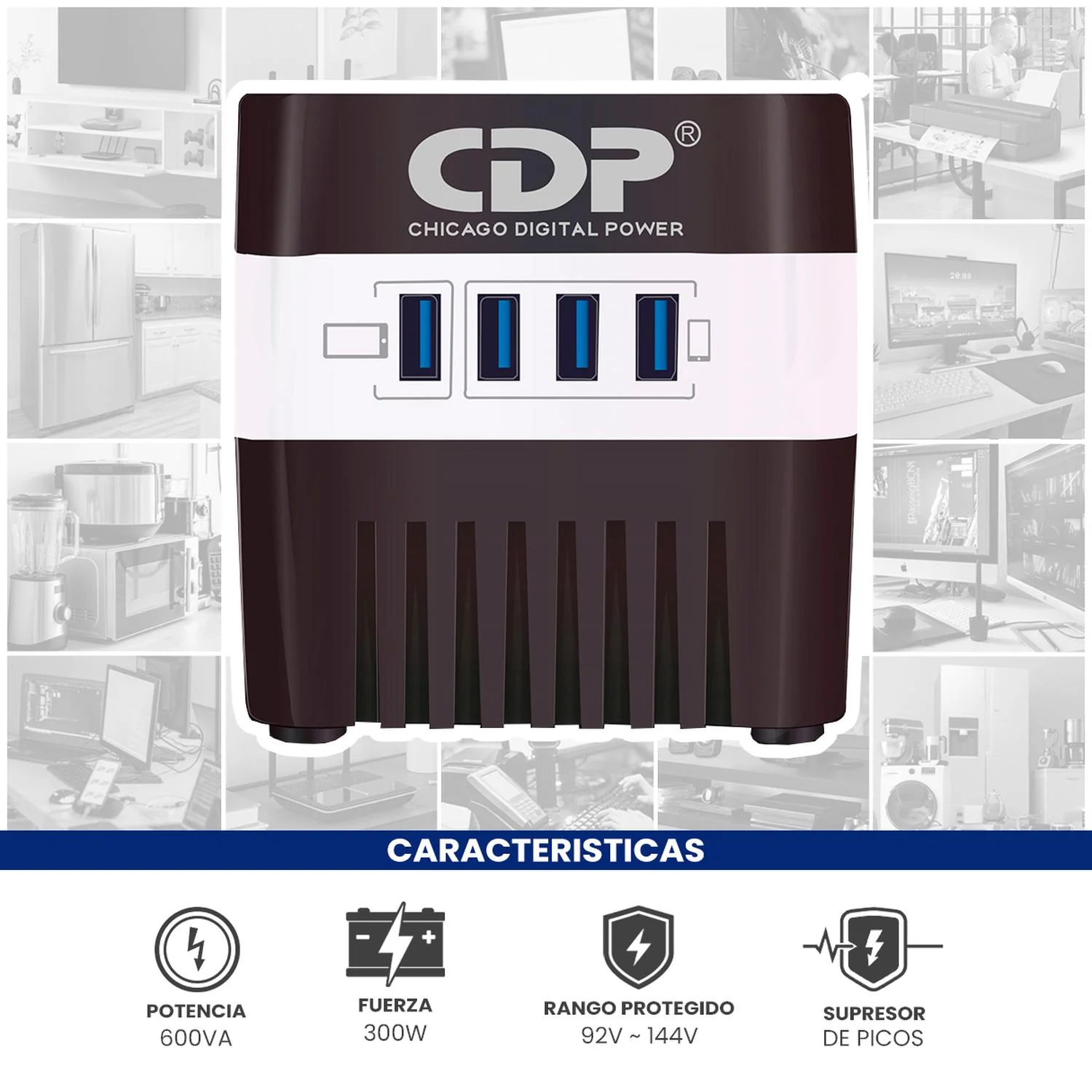 Regulador de Voltaje CDP RU-AVR604 600VA/300W AVR Supresor de Picos 4 Salidas + 4 USB - Image 2