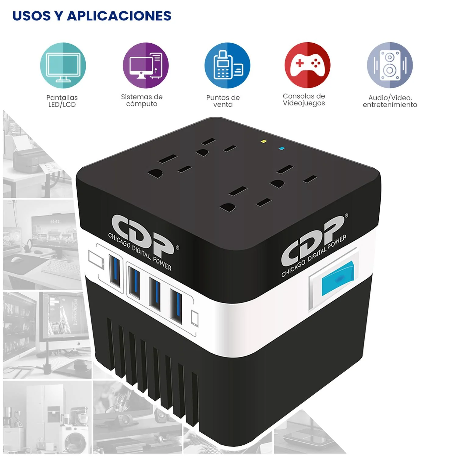 Regulador de Voltaje CDP RU-AVR604 600VA/300W AVR Supresor de Picos 4 Salidas + 4 USB - Image 3