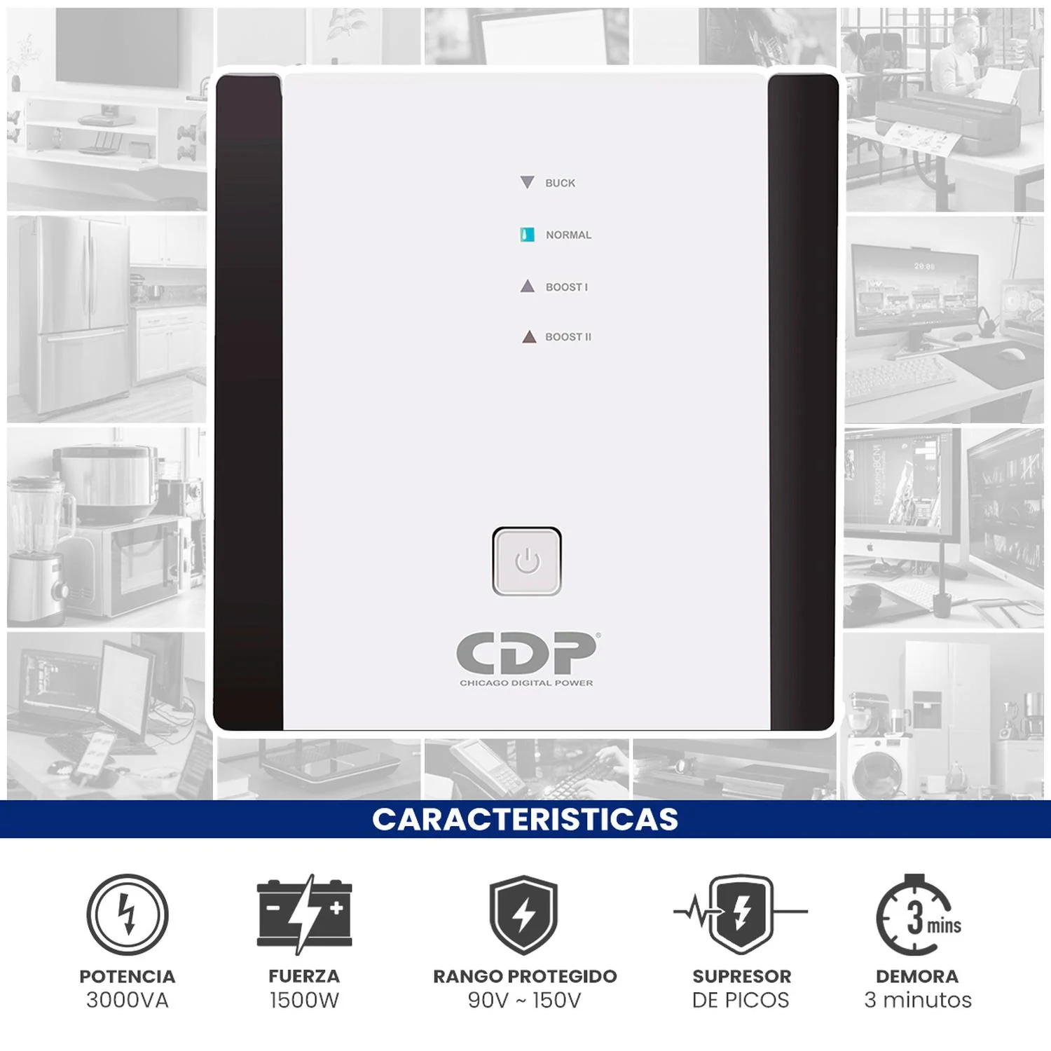 Regulador de Voltaje Electrodomesticos CDP R-AVR3008 3000VA/1500W AVR Supresor de Picos 9 Salidas - Image 2