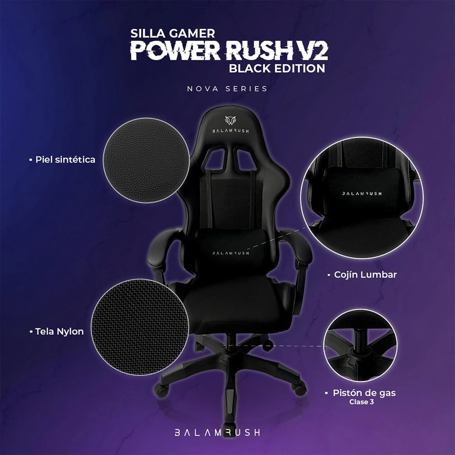 Silla Gamer BALAM RUSH POWER RUSH V2 Ergonomica Reclinable 135° 120kg Negro BR-934534 - Image 5
