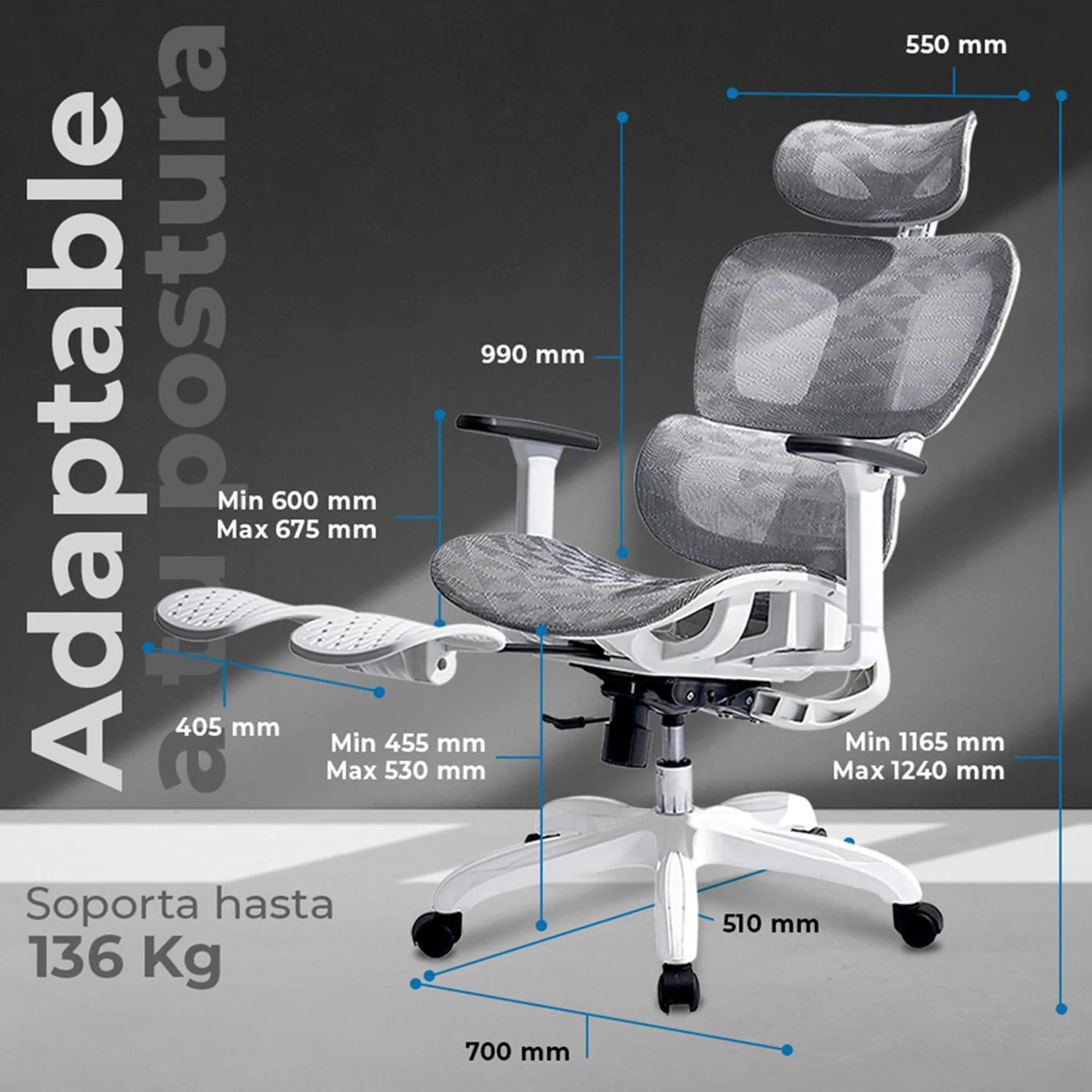 Silla Ejecutiva ACTECK FLUX PRO EC757 Ergonomica Reclinable 135° 136kg Reposabrazos 3D Reposapies Blanco AC-940276 - Image 3