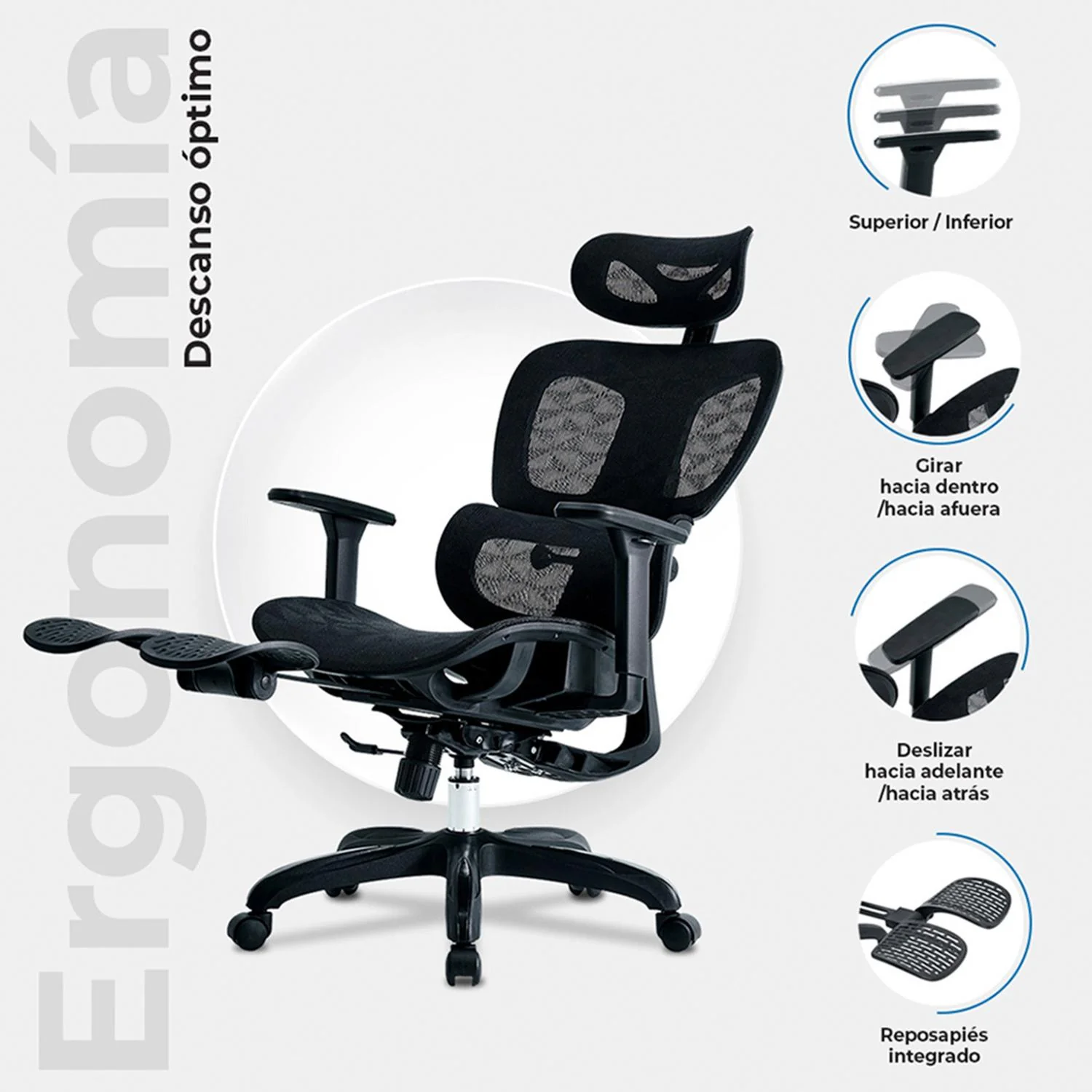 Silla Ejecutiva ACTECK FLUX PRO EC757 Ergonomica Reclinable 135° 136kg Reposabrazos 3D Reposapies Negro AC-940269 - Image 3
