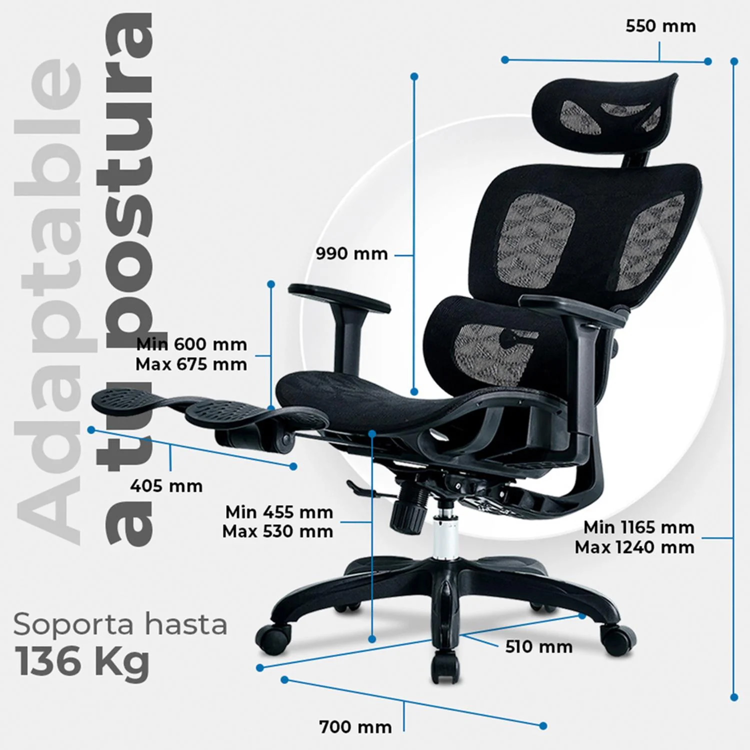Silla Ejecutiva ACTECK FLUX PRO EC757 Ergonomica Reclinable 135° 136kg Reposabrazos 3D Reposapies Negro AC-940269 - Image 5