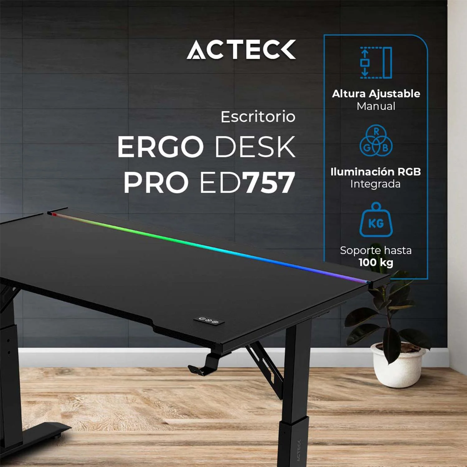 Escritorio ACTECK ERGO DESK PRO ED757 Ergonimico Hasta 100kg 3 Ajustes de altura Iluminación RGB + Porta Vaso Negro AC-941433 - Image 3
