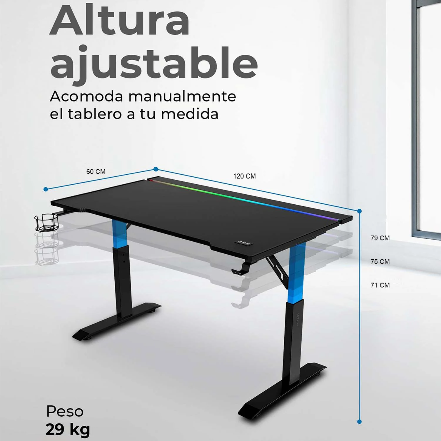 Escritorio ACTECK ERGO DESK PRO ED757 Ergonimico Hasta 100kg 3 Ajustes de altura Iluminación RGB + Porta Vaso Negro AC-941433 - Image 4
