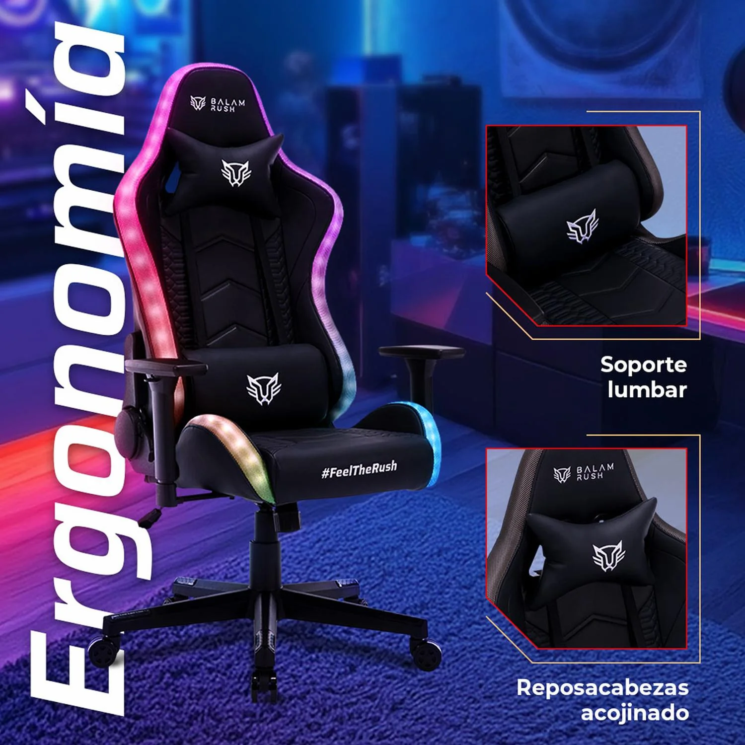 Silla Gamer BALAM RUSH LIGHTNING RUSH V2 RGB Ergonomica Reclinable 135° 150Kg Reposabrazos 3D Negro BR-940566 - Image 4