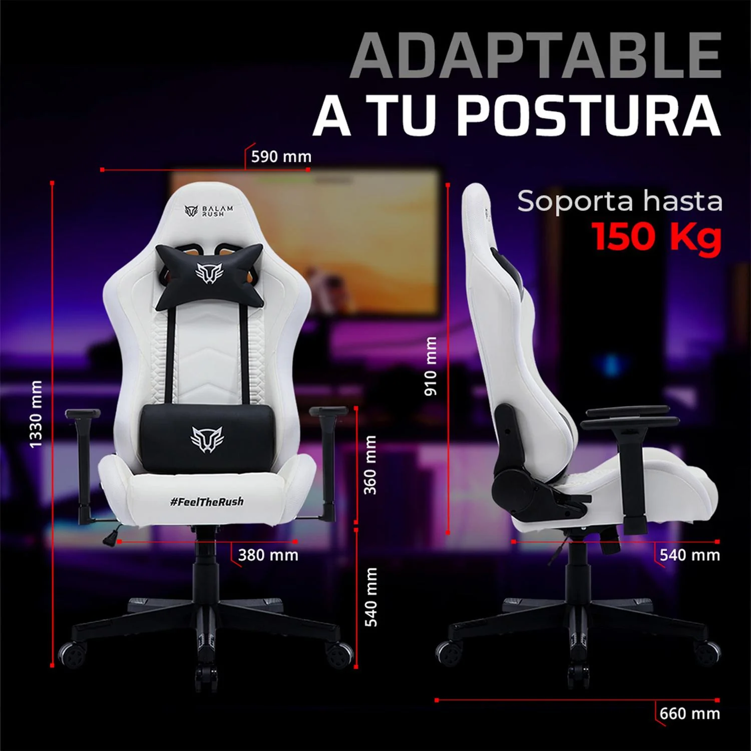 Silla Gamer BALAM RUSH LIGHTNING RUSH V2 RGB Ergonomica Reclinable 135° 150Kg Reposabrazos 3D Blanco BR-940573 - Image 4