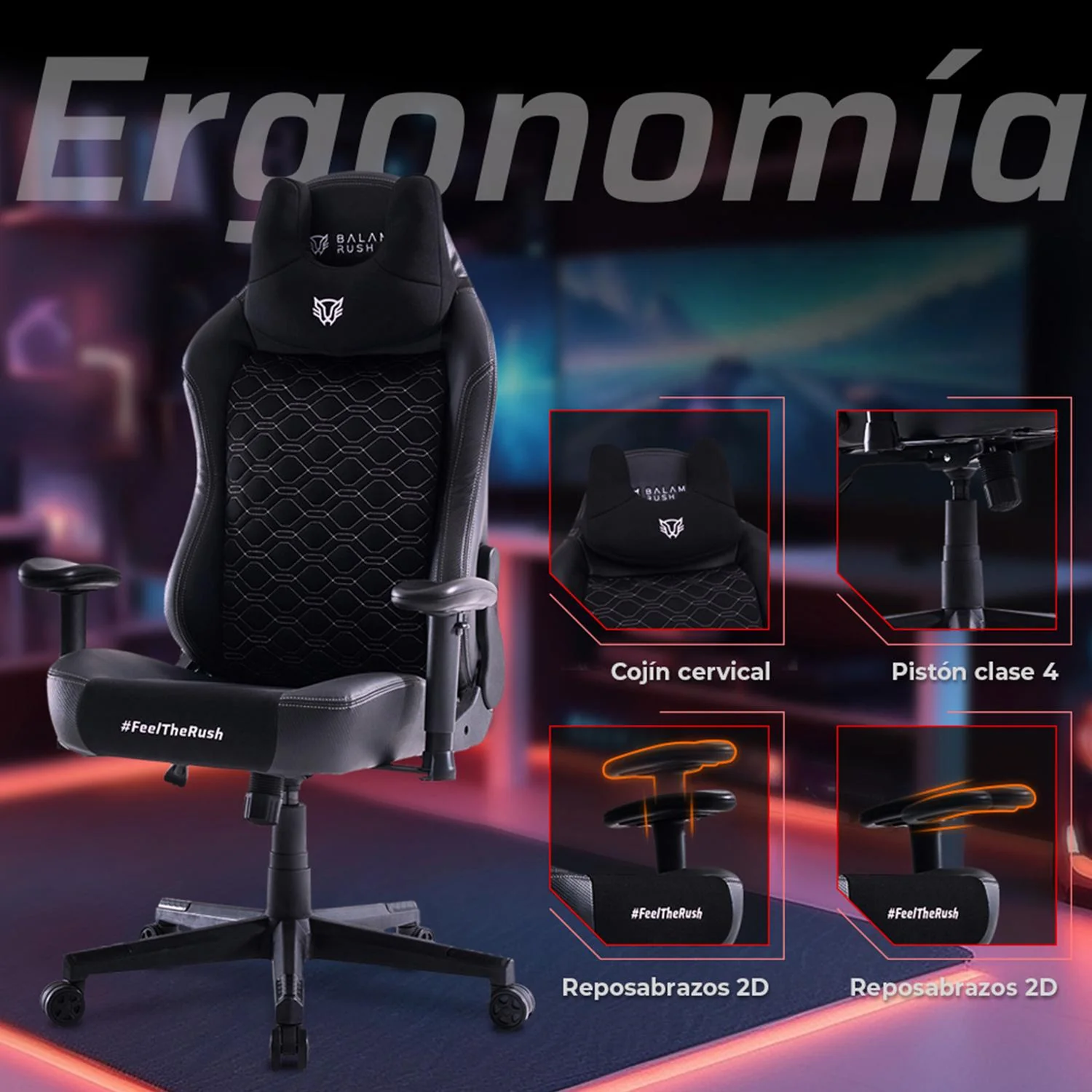 Silla Gamer BALAM RUSH THUNDER EUPHORIA V1 Ergonomica Reclinable 160° 150Kg Reposabrazos 2D Cojín Cervical Negro BR-940580 - Image 3