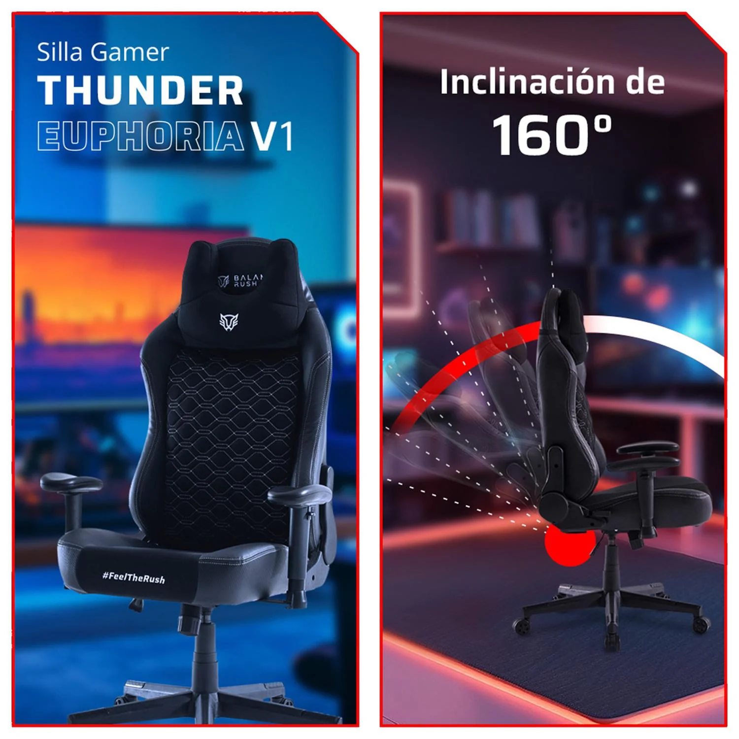 Silla Gamer BALAM RUSH THUNDER EUPHORIA V1 Ergonomica Reclinable 160° 150Kg Reposabrazos 2D Cojín Cervical Negro BR-940580 - Image 4