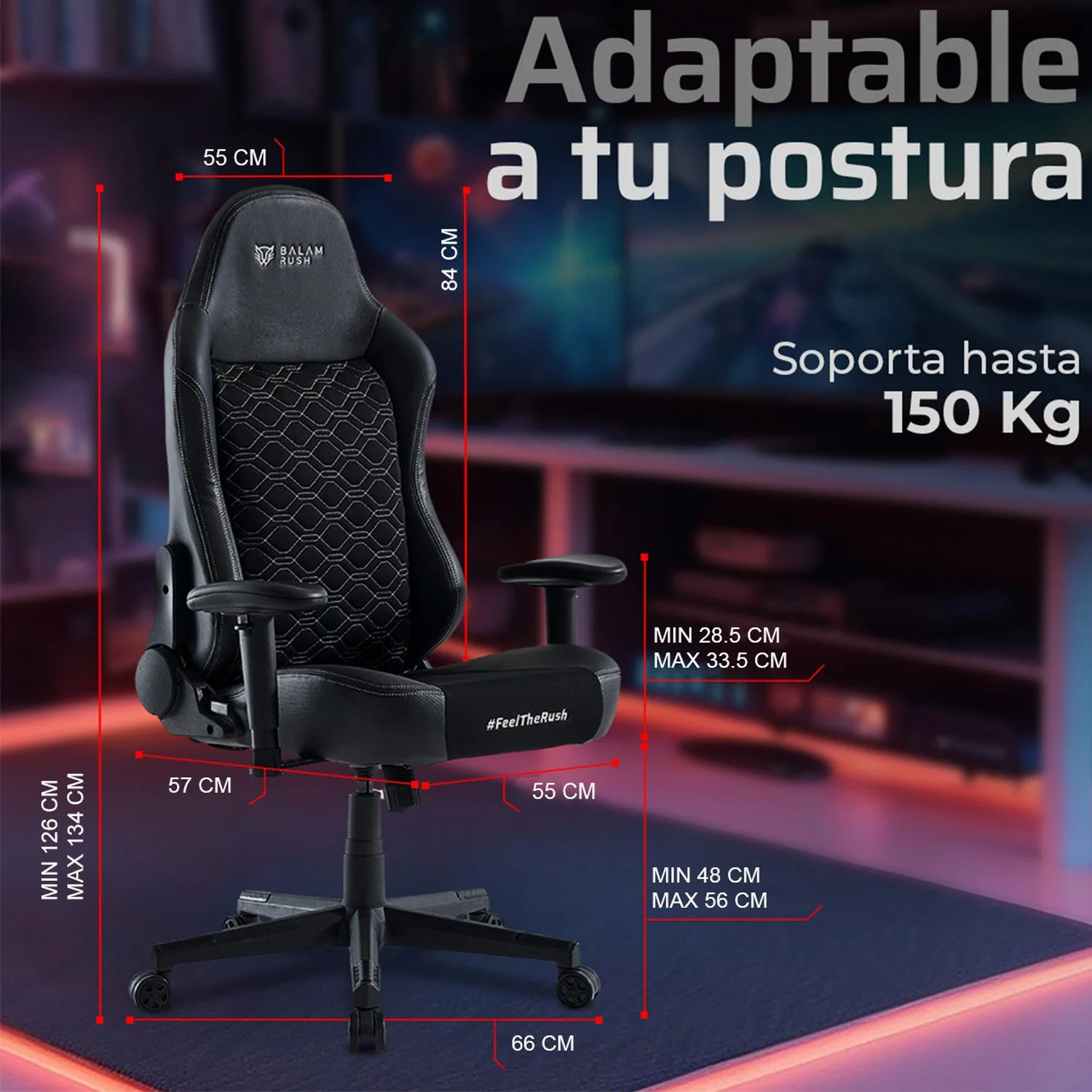 Silla Gamer BALAM RUSH THUNDER EUPHORIA V1 Ergonomica Reclinable 160° 150Kg Reposabrazos 2D Cojín Cervical Negro BR-940580 - Image 5