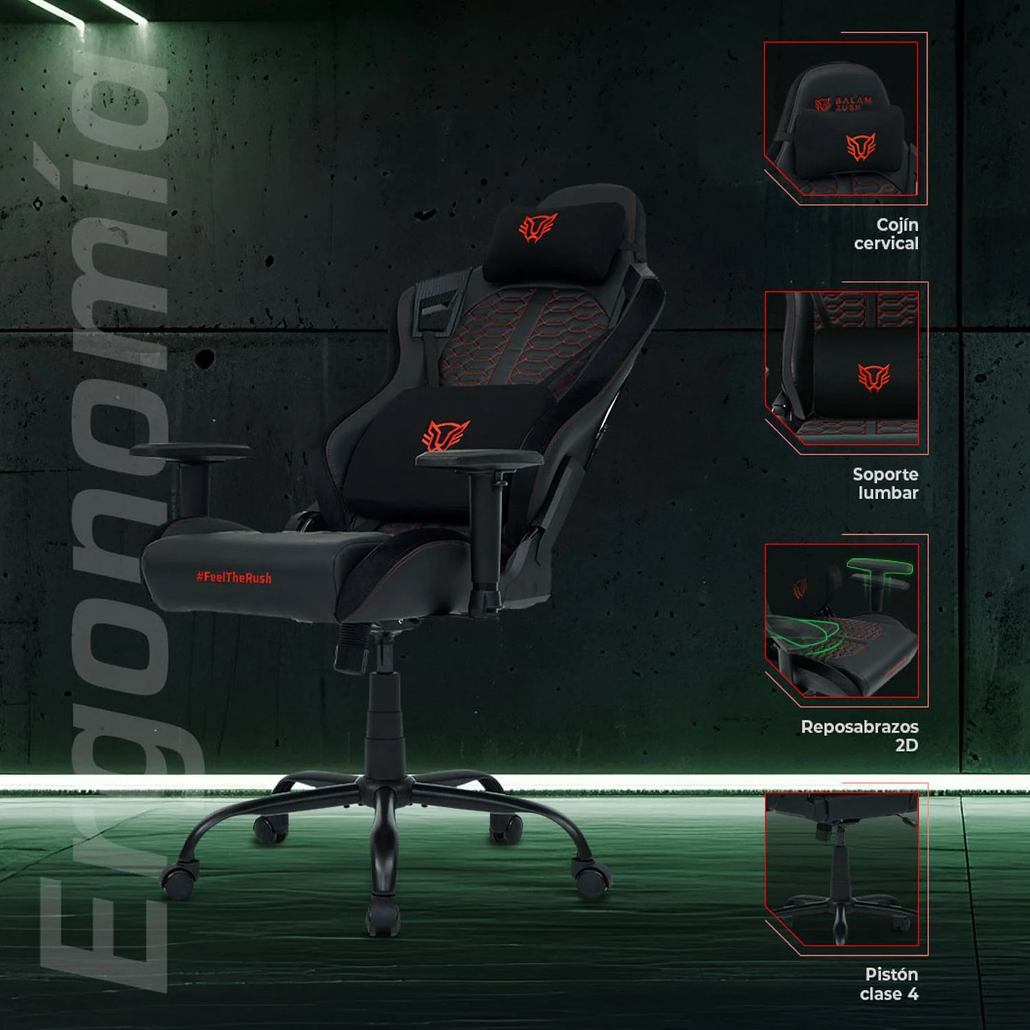Silla Gamer BALAM RUSH THUNDER MAX V7 Ergonomica Reclinable 180° 120kg Reposabrazos 2D Negro/Rojo BR-940603 - Image 2