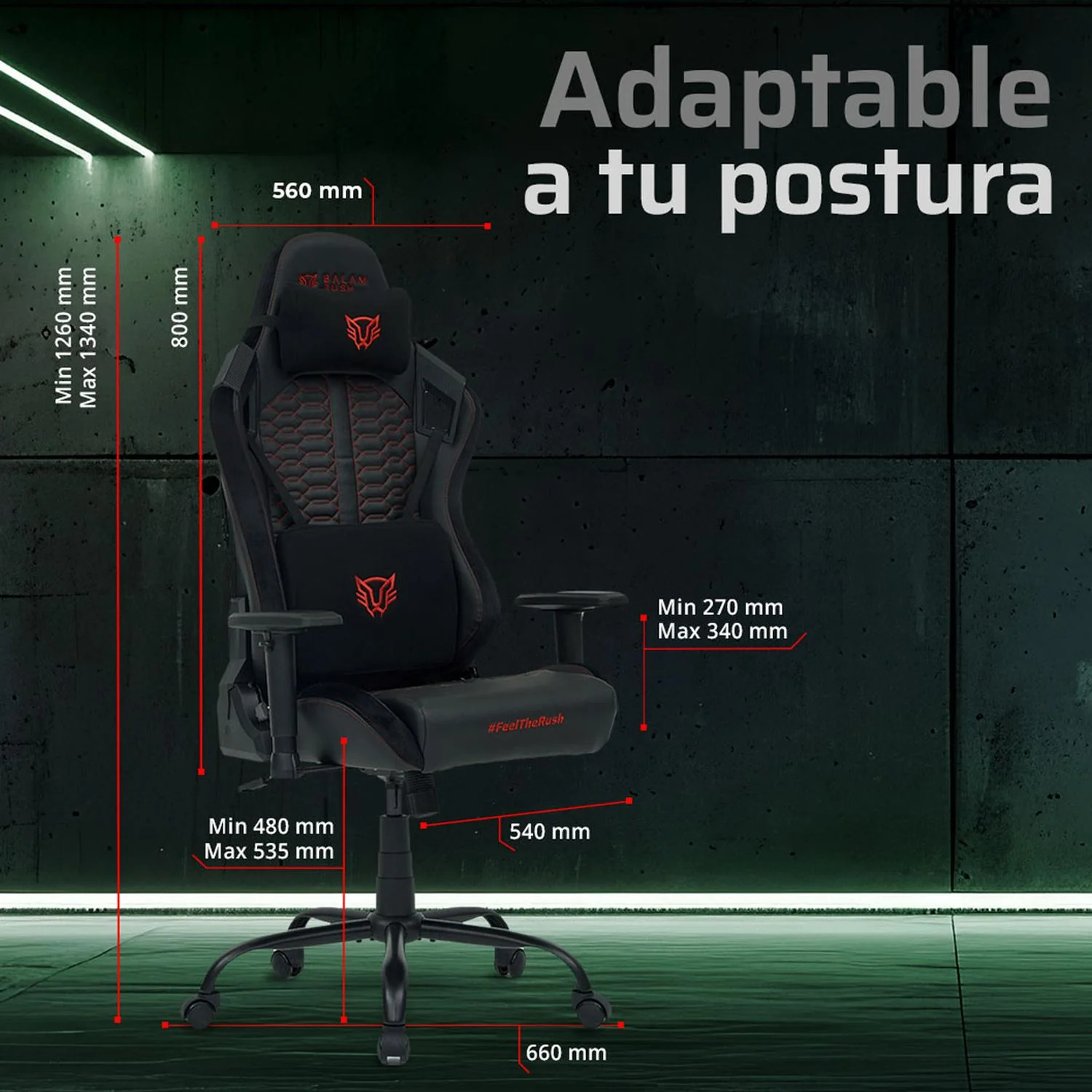 Silla Gamer BALAM RUSH THUNDER MAX V7 Ergonomica Reclinable 180° 120kg Reposabrazos 2D Negro/Rojo BR-940603 - Image 4