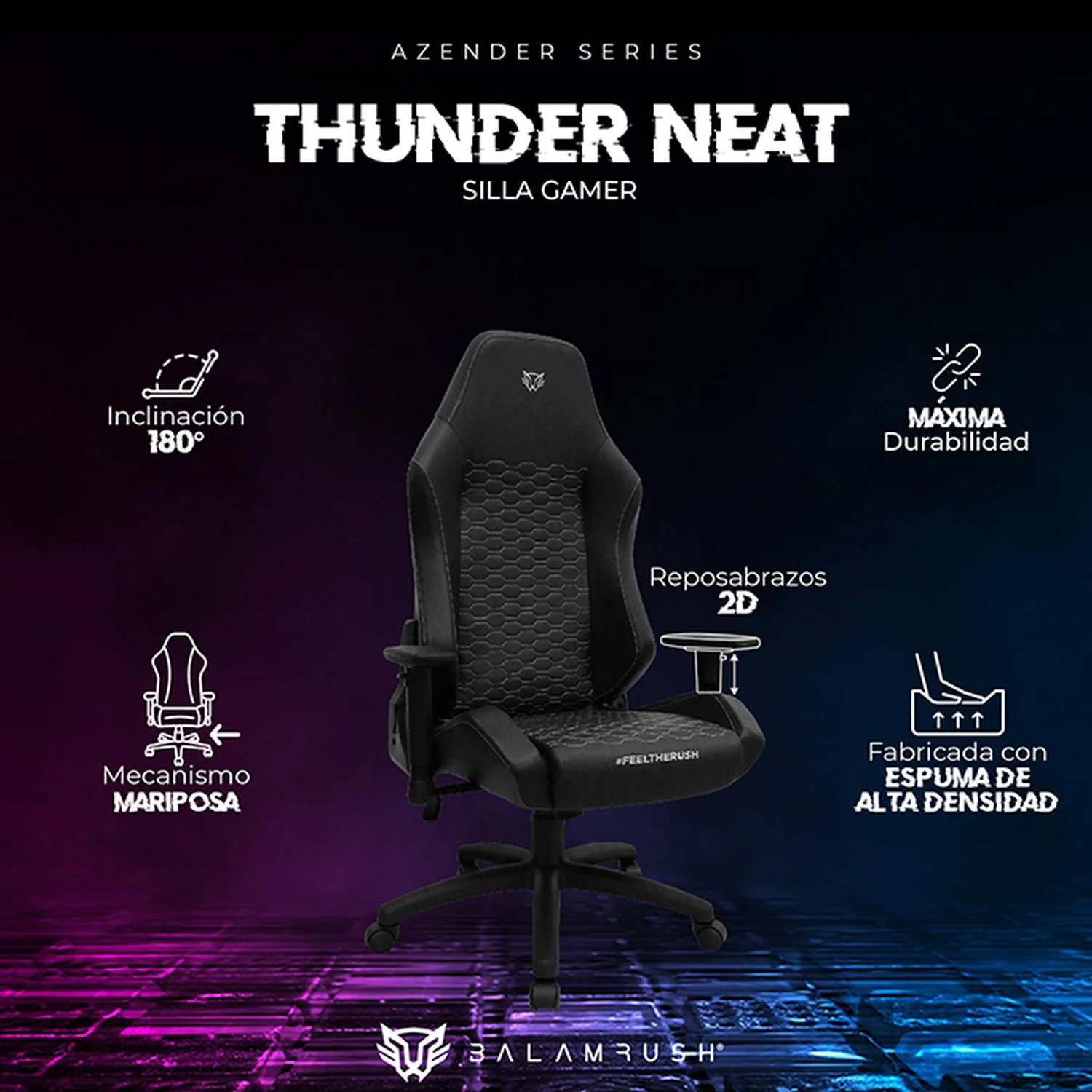 Silla Gamer BALAM RUSH THUNDER NEAT Ergonomica Reclinable 180° 120kg Reposabrazos 2D Negro BR-937856 - Image 3