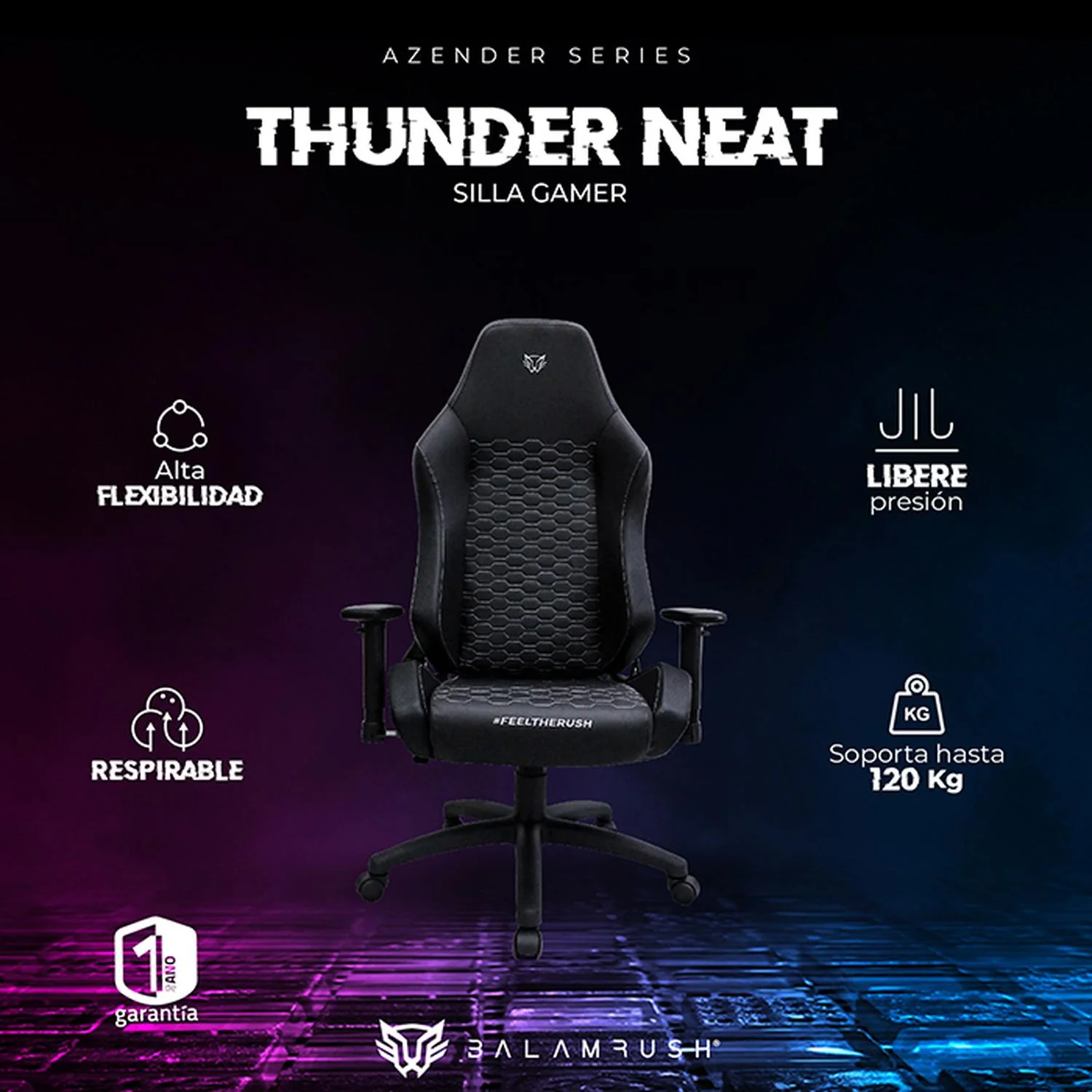 Silla Gamer BALAM RUSH THUNDER NEAT Ergonomica Reclinable 180° 120kg Reposabrazos 2D Negro BR-937856 - Image 4