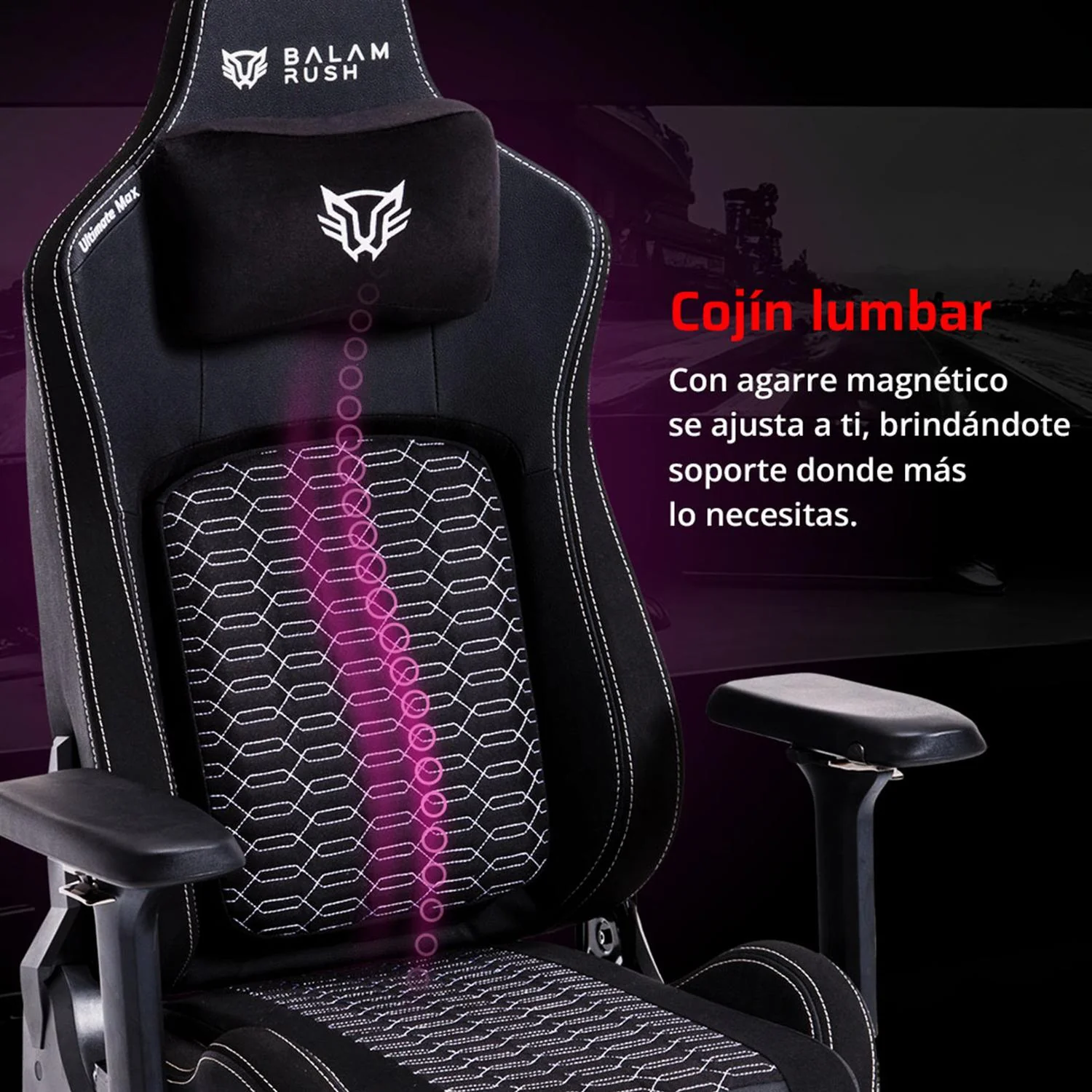 Silla Gamer BALAM RUSH ULTIMATE MAX U3 Ergonomica Reclinable 135° 150Kg Reposabrazos 4D Cojín Lumbar + Cojín Cervical Negro BR-940511 - Image 3