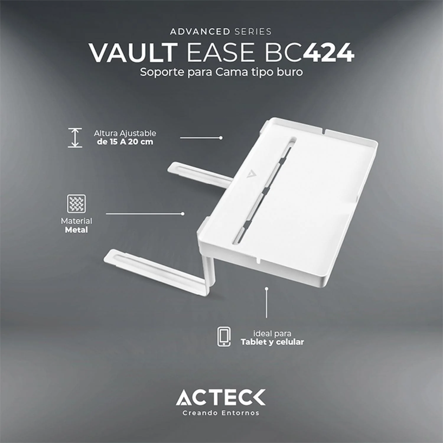 Soporte de cama para Tablet ACTECK VAULT EASE BC424 Ajustable hasta 20cm Blanco AC-936606 - Image 3